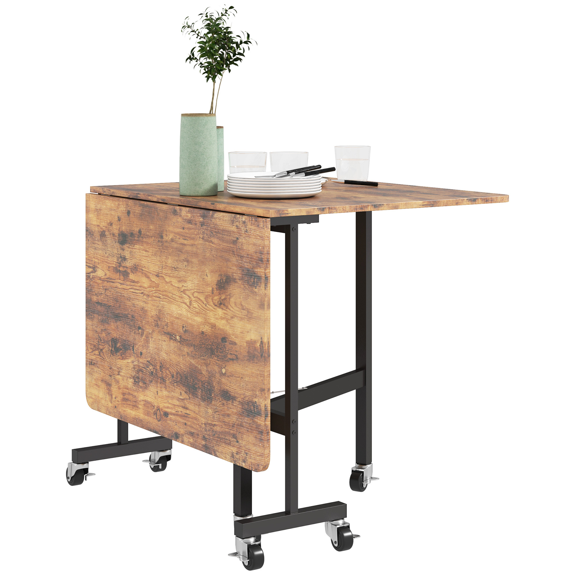 TEMU Table de Cuisine Pliante HOMCOM, Table à Manger Pliante, avec 2 Feuilles Abattables, 6 Roues avec Freins, pour 4-6 Personnes, Charge 100 kg,