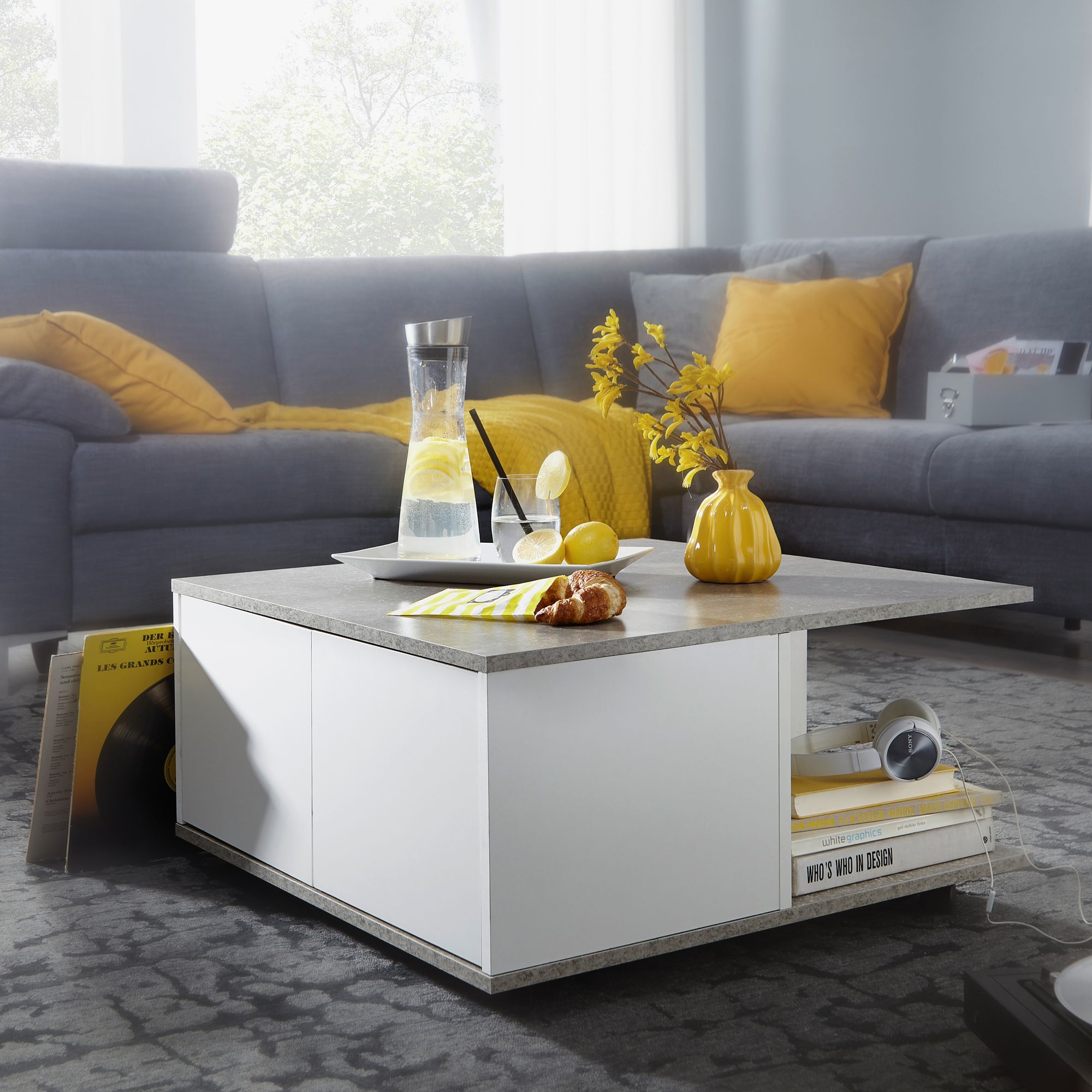 70x70 Table With 2 Drawers, Living Room Table With Wheels, Sofa Table With 2 Compartments