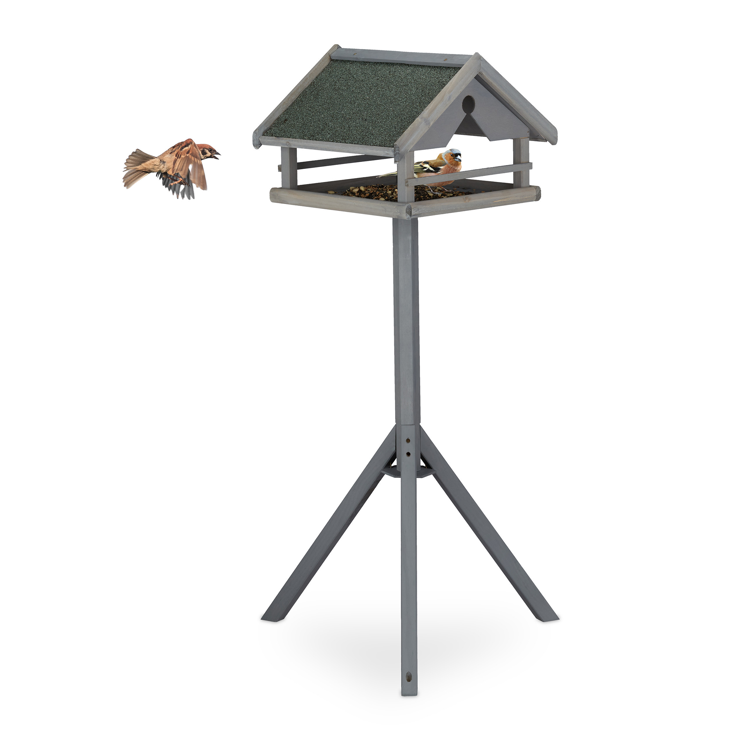 Image of Birdhouse With Stand, Weatherproof Roof, 120 X 62 X 55 Cm, Grey Fir Wood With , Feeding Station With Bowl, For Garden, Terrace, And Balcony, Bird Feeder, Feeding Station, Wild Bird House, Relaxdays