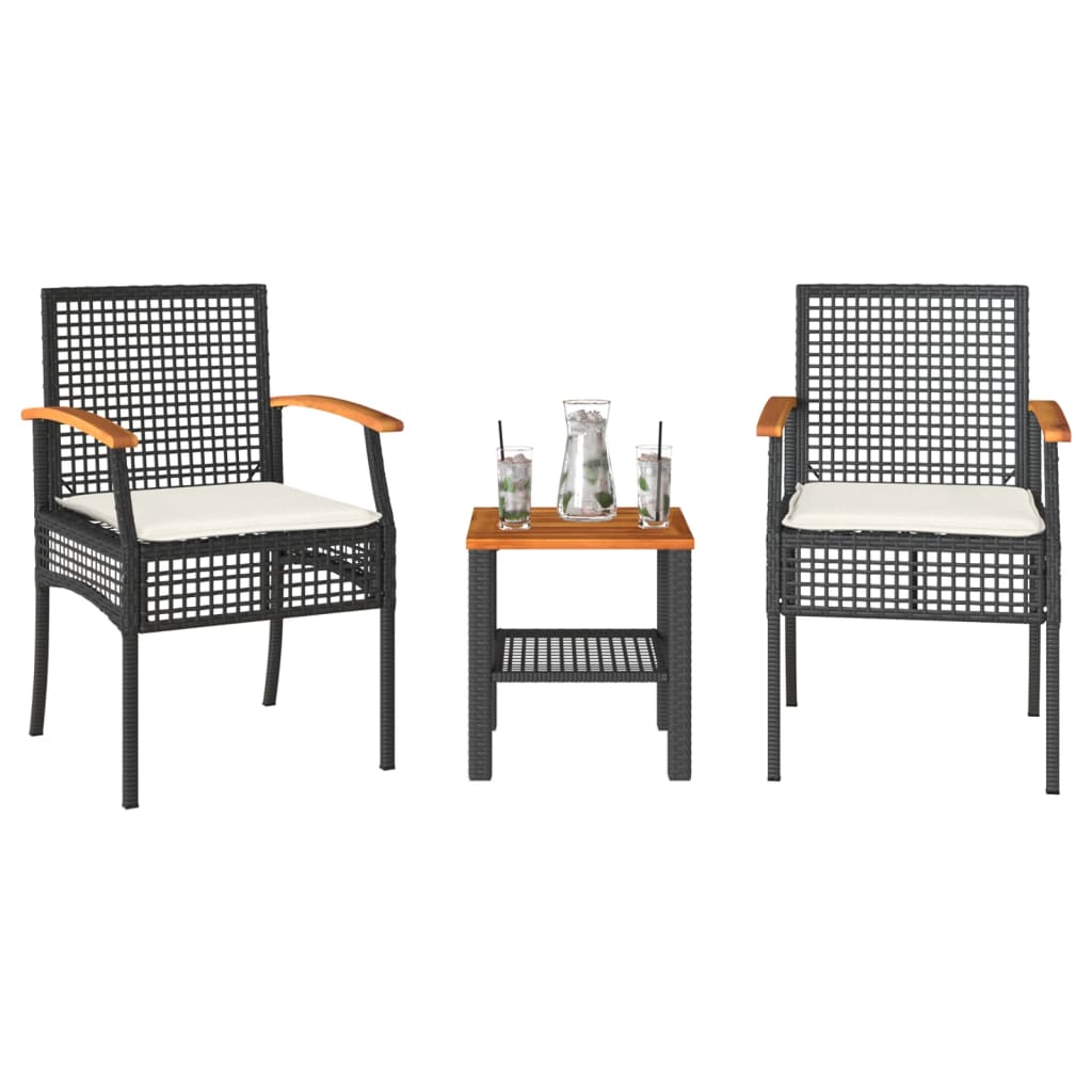 Image of Vidaxl Bistro Set 3pcs, Balcony Set With Cushions, Seating Group For Balcony, Garden Furniture 2 Chairs , Balcony Furniture Garden Set, Black Poly Rattan Acacia Wood