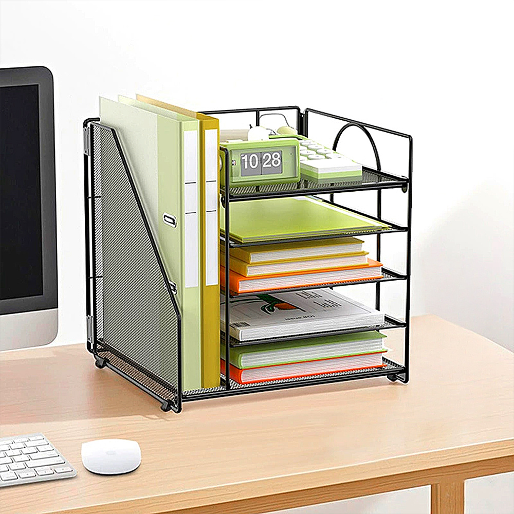 TEMU Office Desktop Paper Organizer, Black Metal Mesh Structure, Multi-tier Document Rack, Categorizes And Stores Papers And Small Items, Organizer,