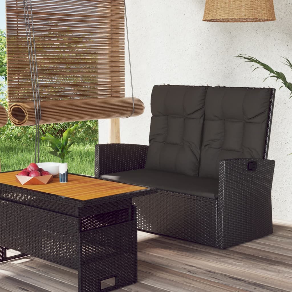 Garden Bench, Bench With Reclining Function Cushion, Park Bench Adjustable Backrest, Garden Furniture , Black 118cm Poly Rattan