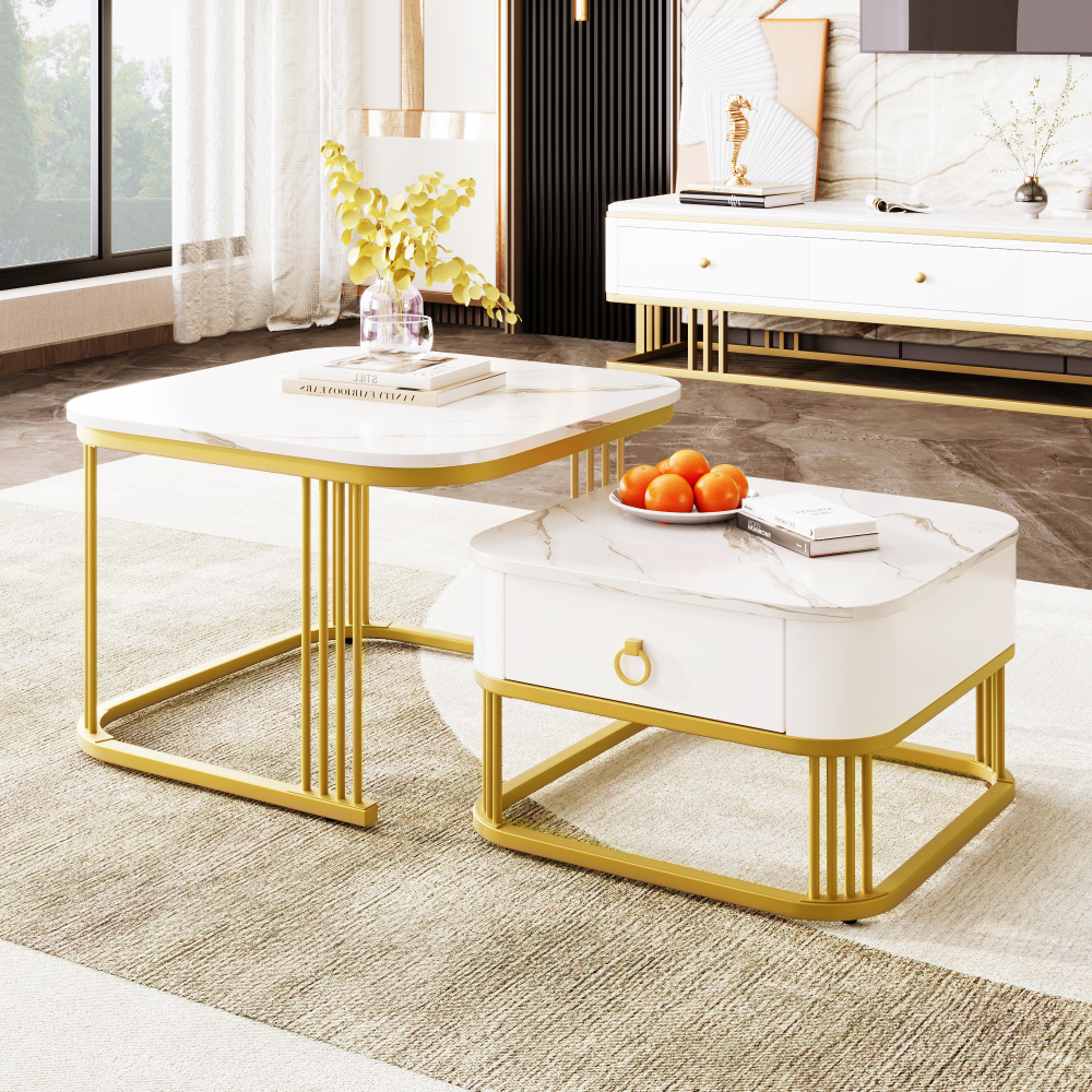 Image of Nesting Table Set, 2-piece | High Gloss Marble Finish | Golden Metal Frame | Design