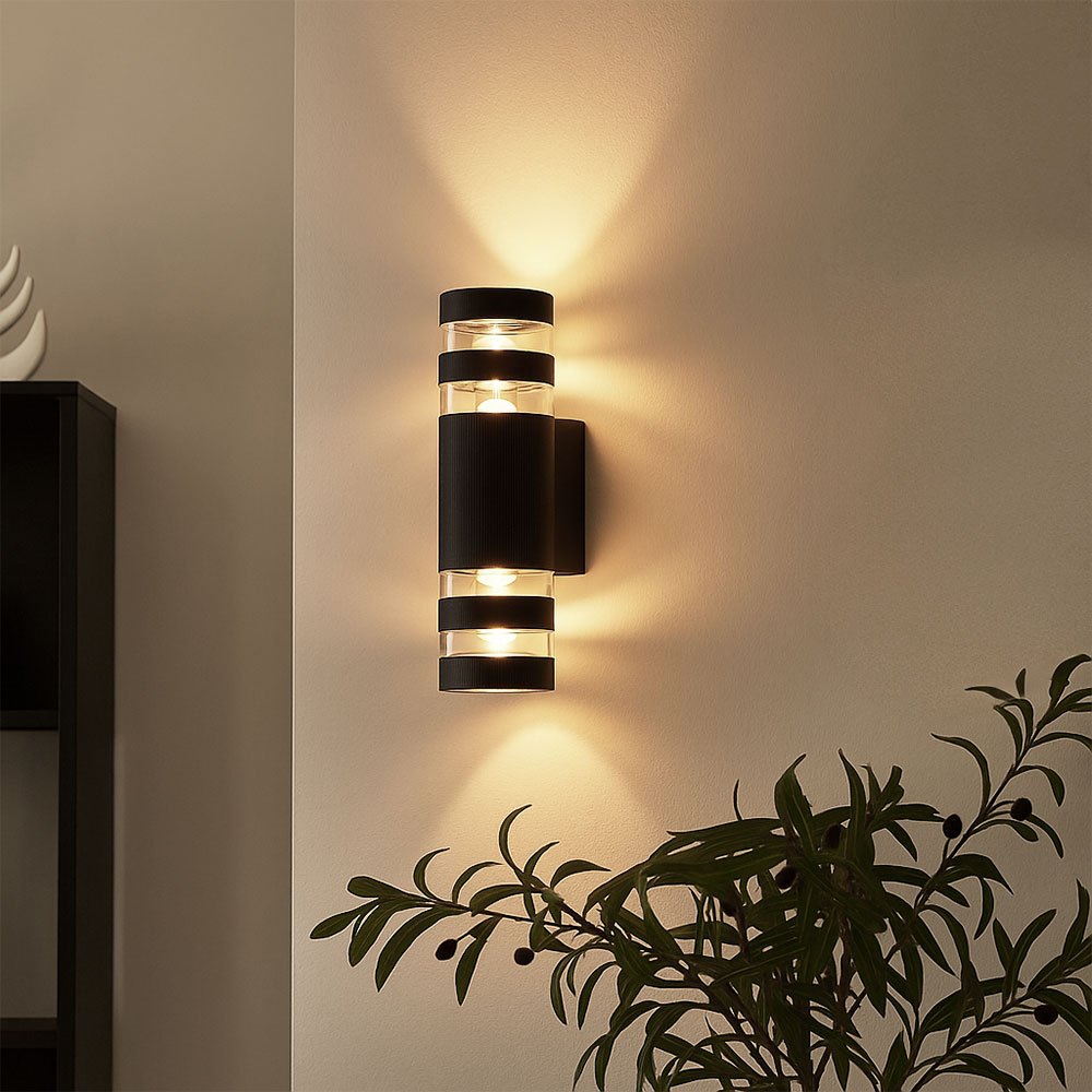 Image of Black Wall Lamp, Hallway Light, Living Room Lamp, Up Down Wall Light, Plastic, Clear Glass, 2x E27, Wxh 6.5 X 22 Cm