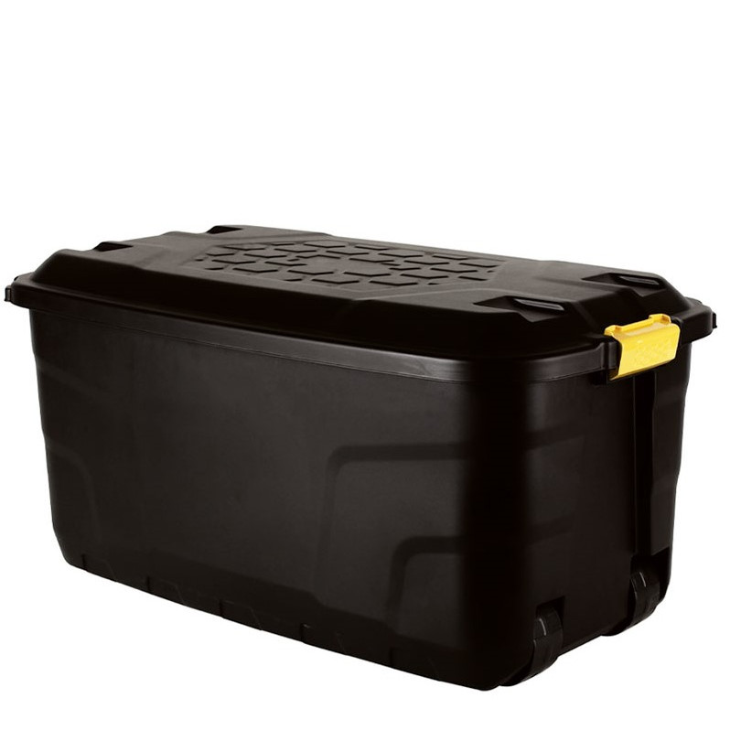 75l heavy duty trunk on wheels sturdy lockable stackable and   design storage chest with clips in black