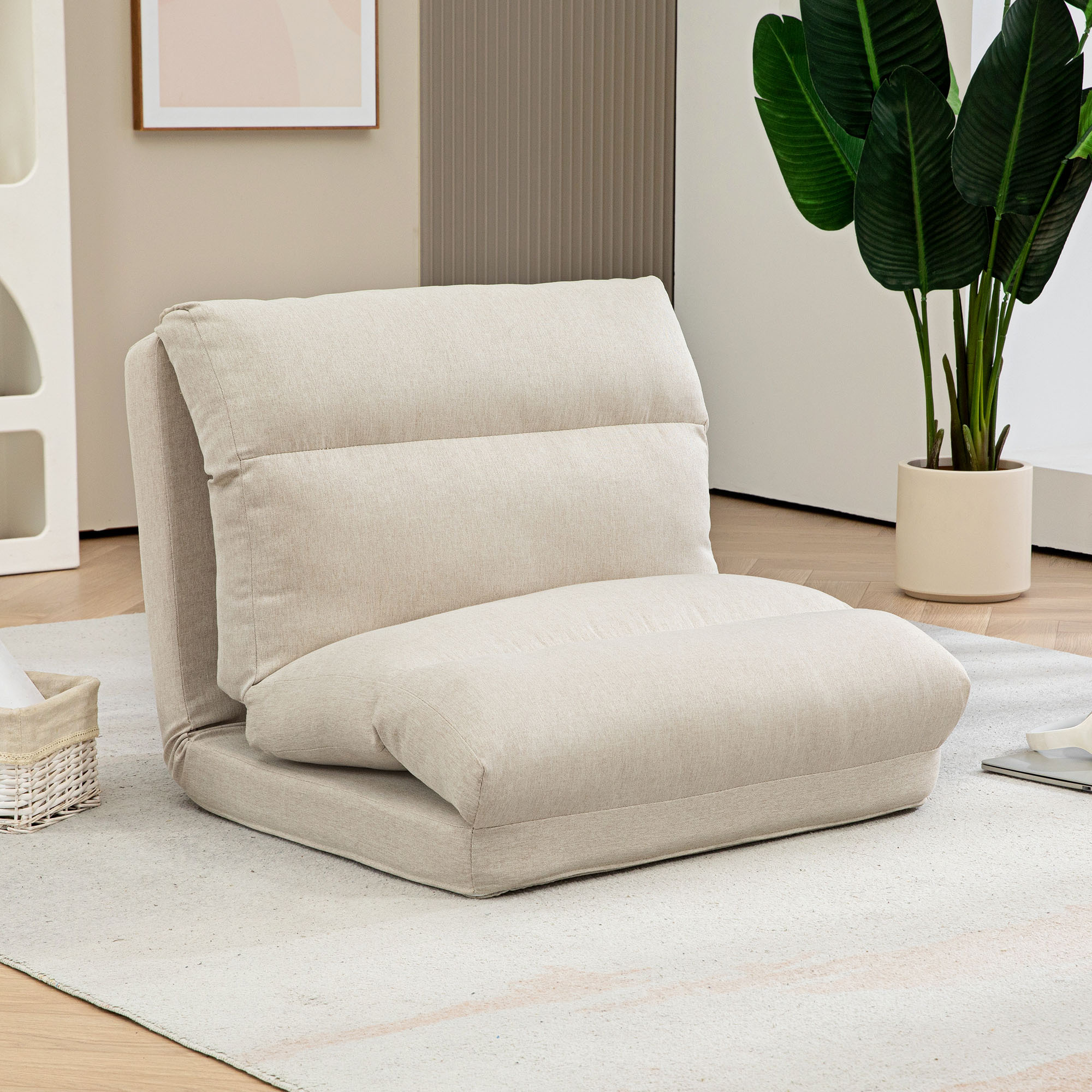 3-in-1 Foldable Sleeper Chair With Bed Function, Linen-look Convertible Guest Bed, Padded Folding Chair With Mattress, Floor Chair For Living Room Or Bedroom, Beige