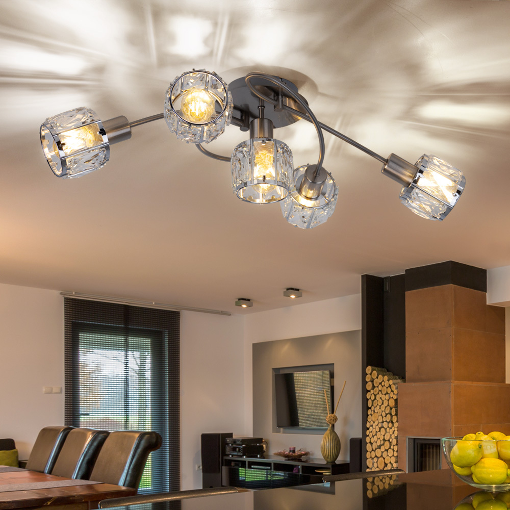 Image of Ceiling Light Bent Arm Glass Crystal Living Dining Room Lamp Chrome Spotlight 54356-5