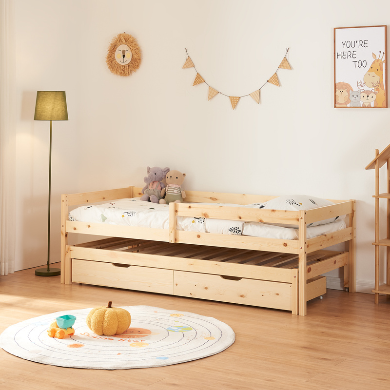 Twin Children's Bed Sonkajärvi With Drawers 90x200cm Pine Wood Natural