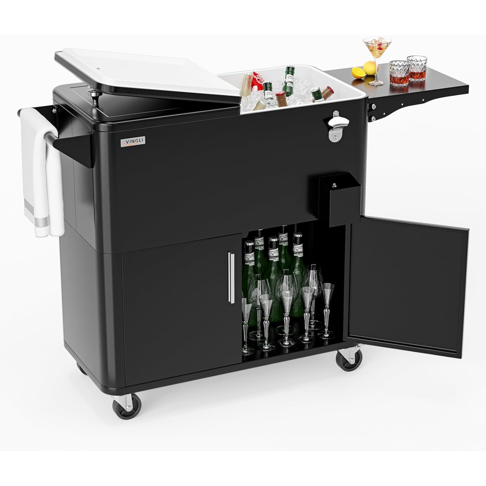 Image of Bonnlo 76l Beverage Cooler On Wheels With Storage Cabinet – Mobile Cooling Cart With Bottle Opener, Drain & Wheels, Serving Cart, Cooler Box For Garden, Terrace, Pool & Parties, 78 X 39 X 84 Cm, Black
