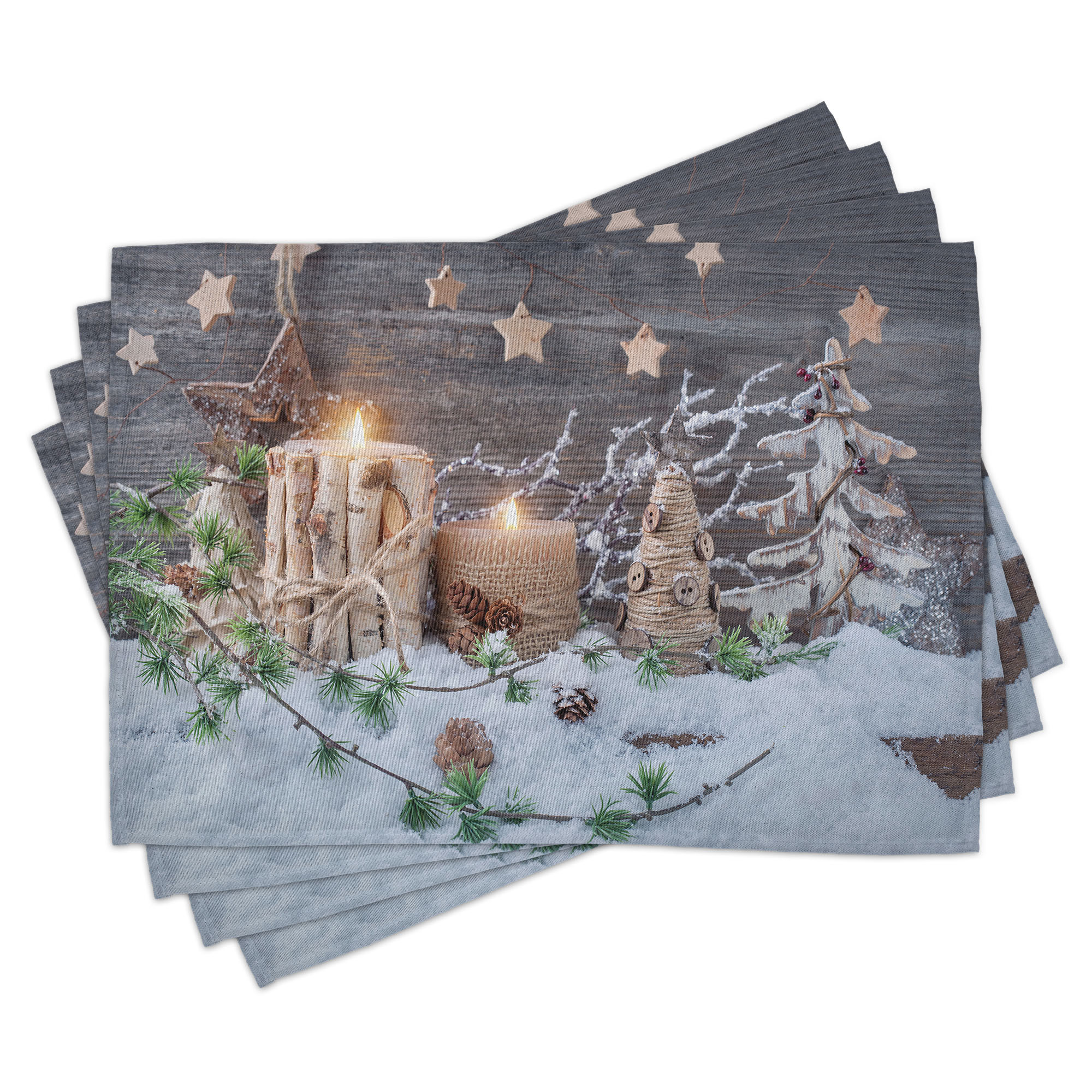 Image of Christmas Placemats, Candles With Lanterns, Washable Fabric Dining Room Kitchen Table Decor , Brown White