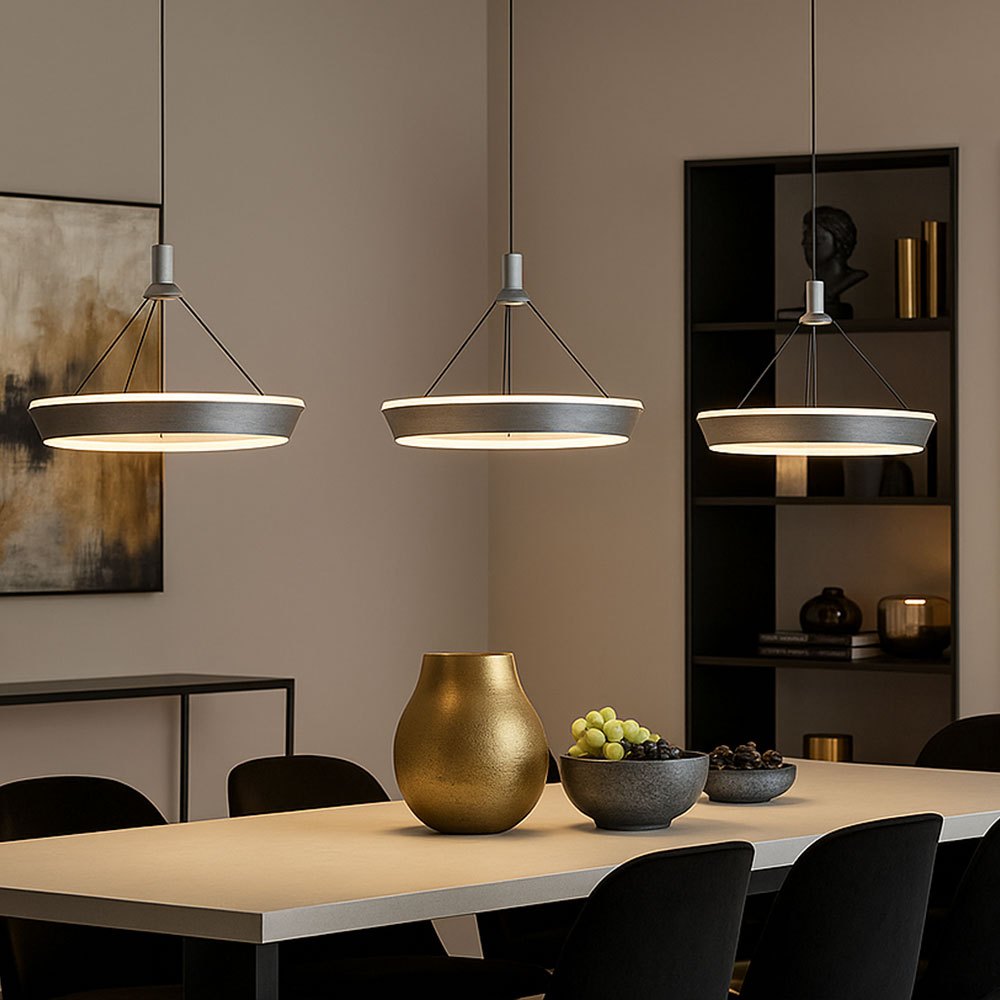 Image of Pendant Ceiling Light, Aluminum Ring Pendant Lamp, Adjustable Height, Gray Opal Titanium, Metal, Led 36w 1000lm Warm White, Lxwxh 97.5x30.4x180 Cm, Model 67316-3