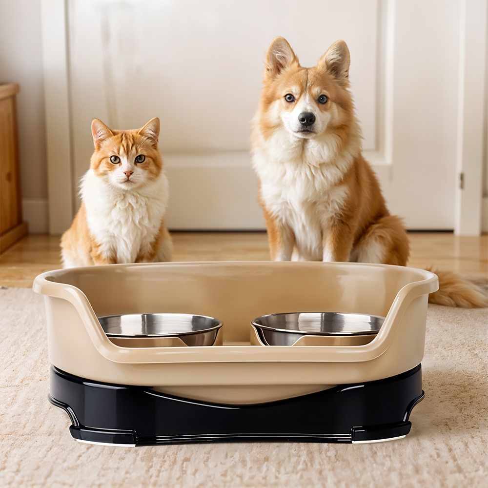 Stainless Steel Dog Bowl 2 Feeding Bowl for Dog Water and Food with Stand Pet Eating and Drinking Station for Cats and Dogs Brown