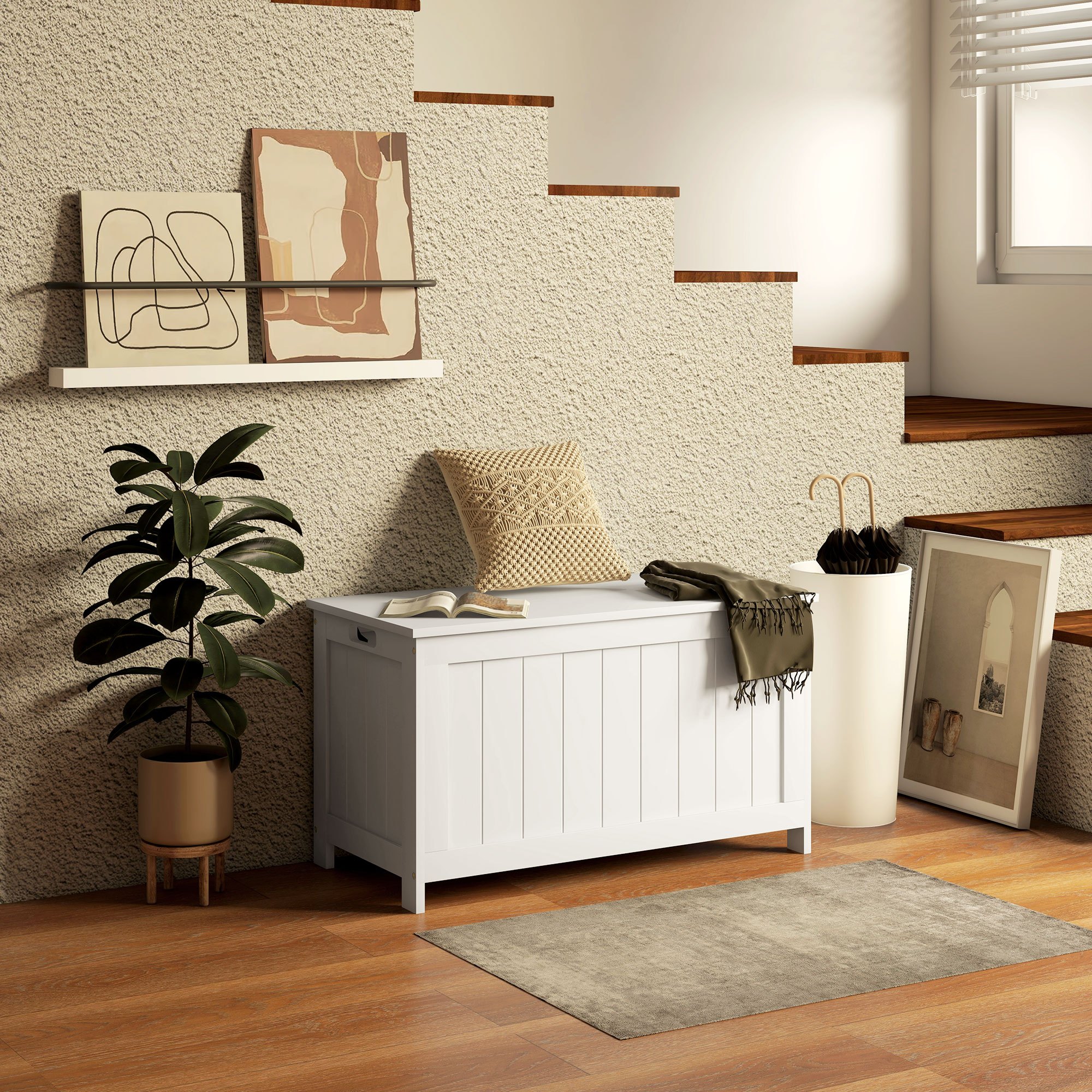 Image of Chest, Storage Box, Storage Box With Handle, Device Chest With Lid, For Living Room, Bedroom, White, 81 X 40 X 46 Cm