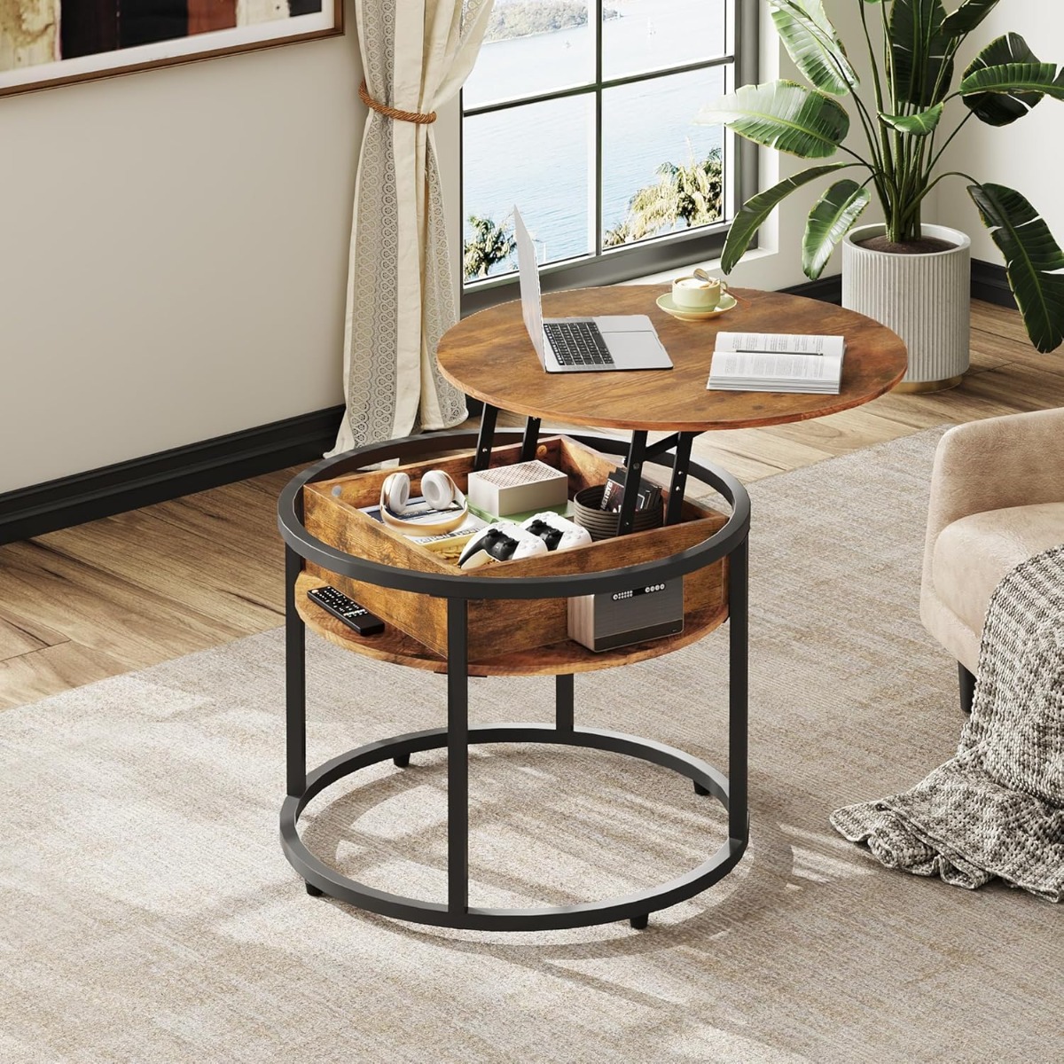 TEMU Table Basse Ronde avec Plateau Relevable, Table de Salon Hauteur Réglable avec Espace de Rangement, Table de Salon pour Salon, Balcon et Bureau,