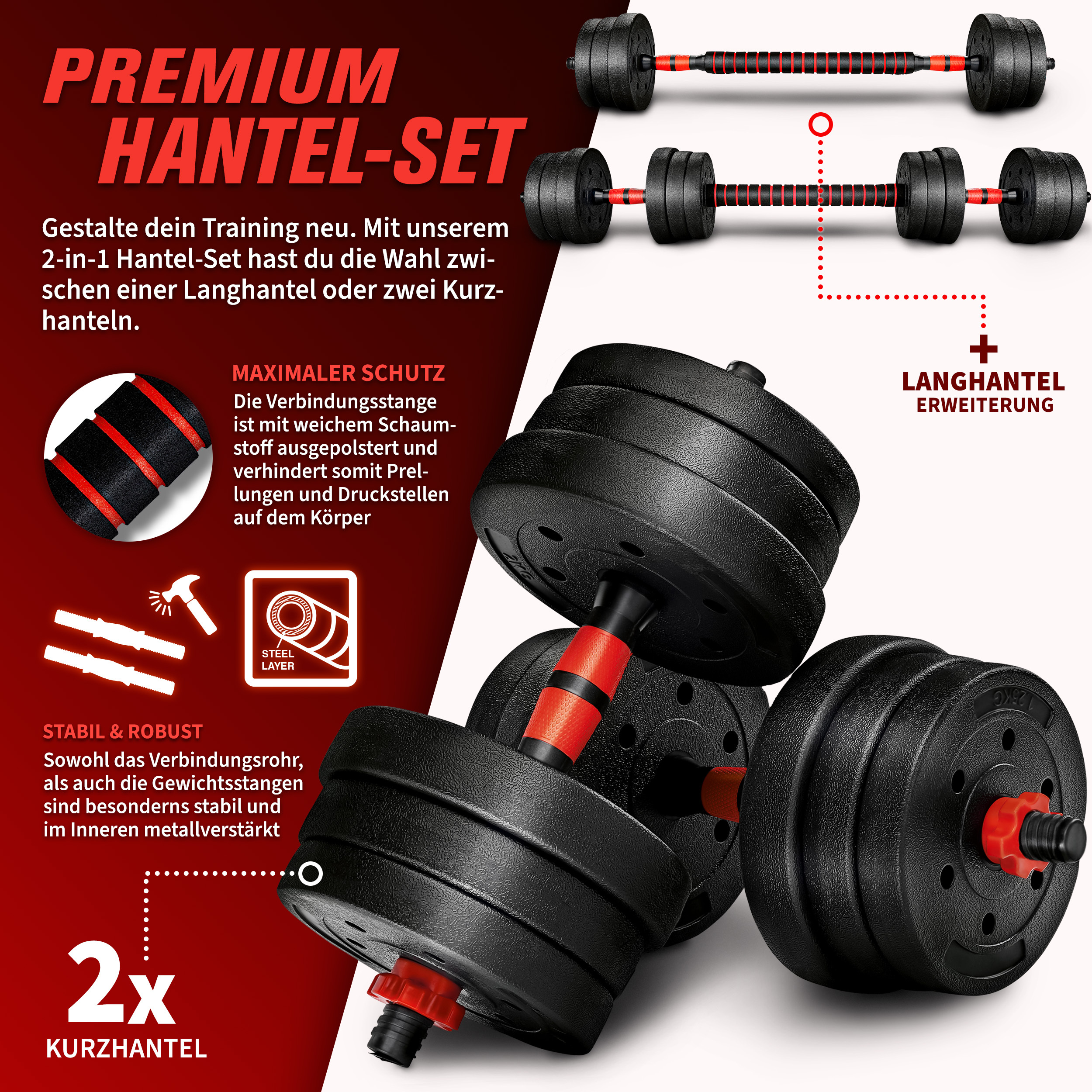 RE:SPORT 2-in-1 Dumbbell Set 20 kg | Verstelbare Dumbbell Set | Korte Dumbbell & Lange Dumbbell | Sterluchtingen & Verbindingsbuis