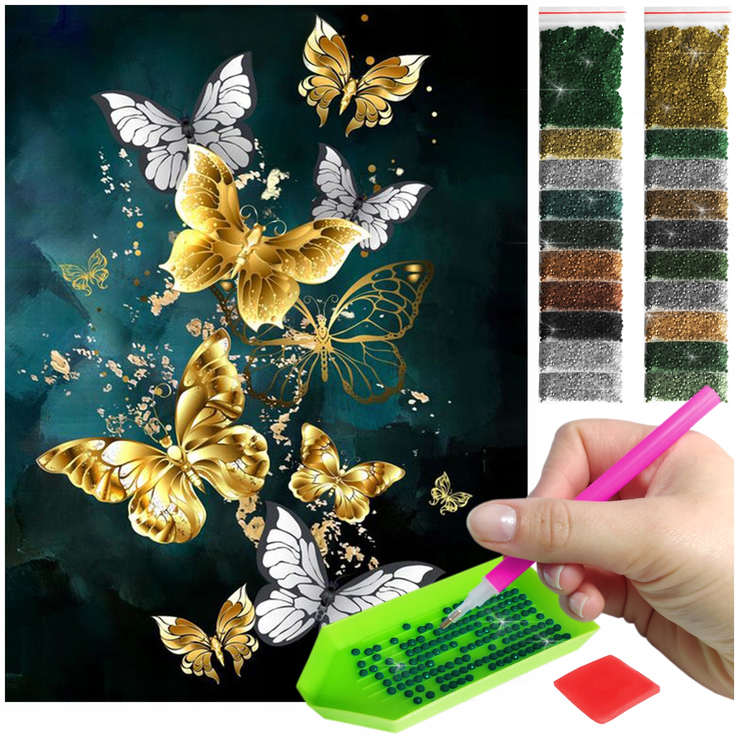 TEMU ARTULIO Diamond Painting Set - Silber-goldene Schmetterlinge auf dunklem Hintergrund - 30 x 40 cm - Diamant Painting, Home Wand Deko, 5D Diamant