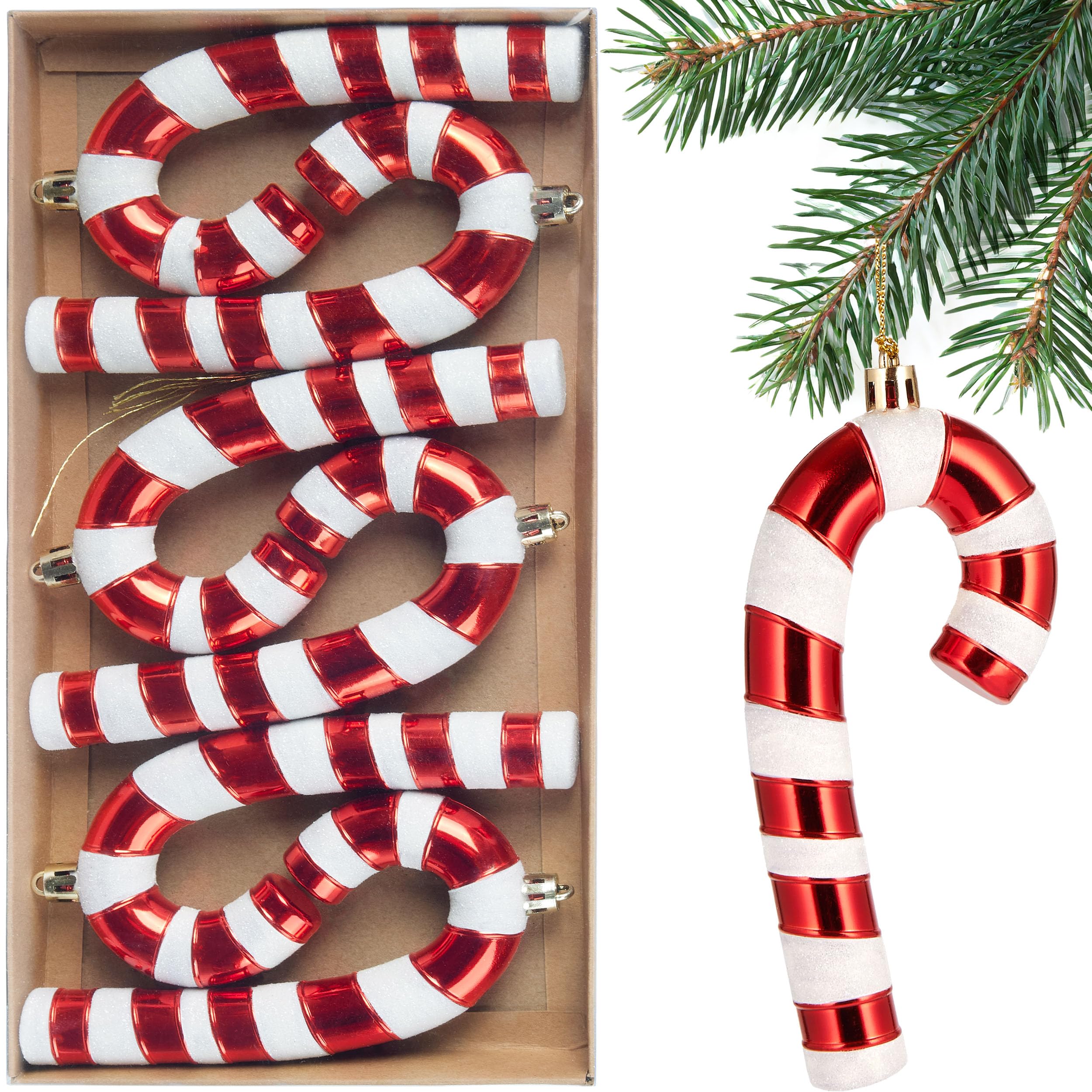 Brubaker Candy Cane Tree Ornaments - 6x Hanging Christmas Tree Decorations - Glitter Plastic Christmas Tree Ornaments