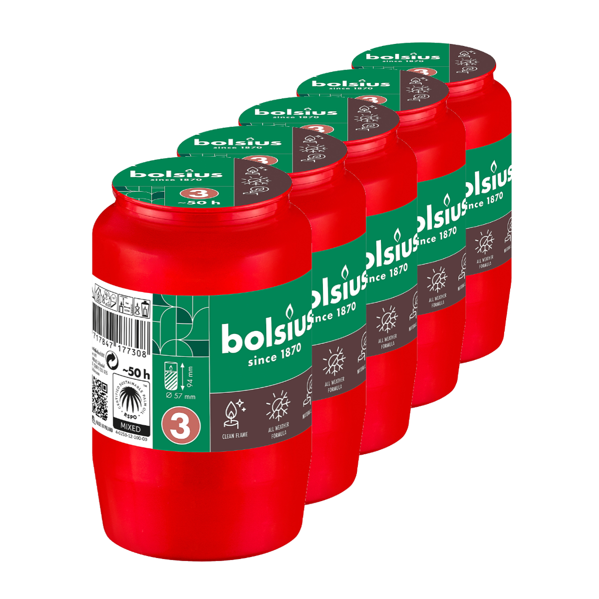 Image of Bolsius Long-burning Candle No.3 Red Lid Refill 5-pack