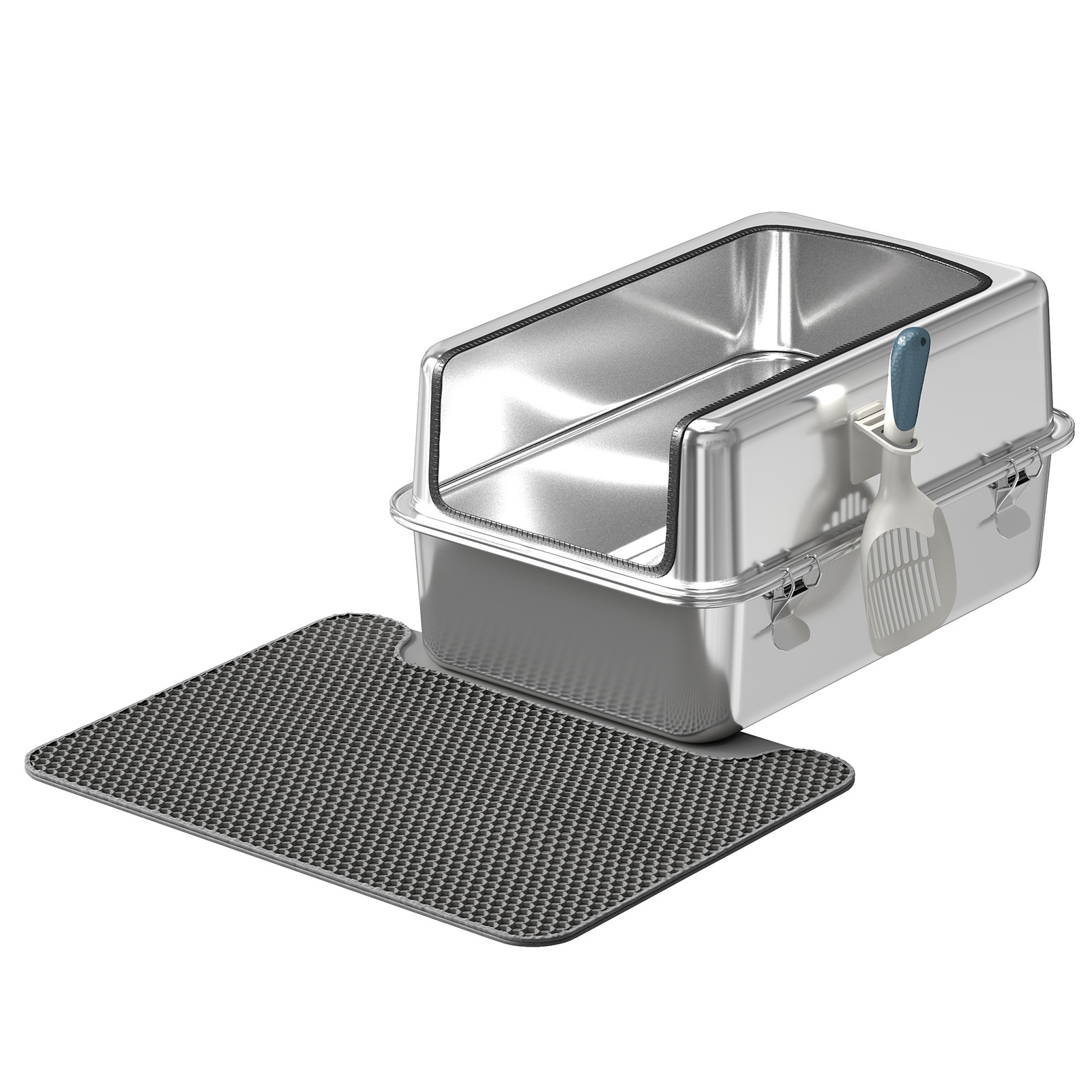 TEMU Katzentoilette aus Edelstahl, silber & schwarz, 60 × 40 × 30 cm