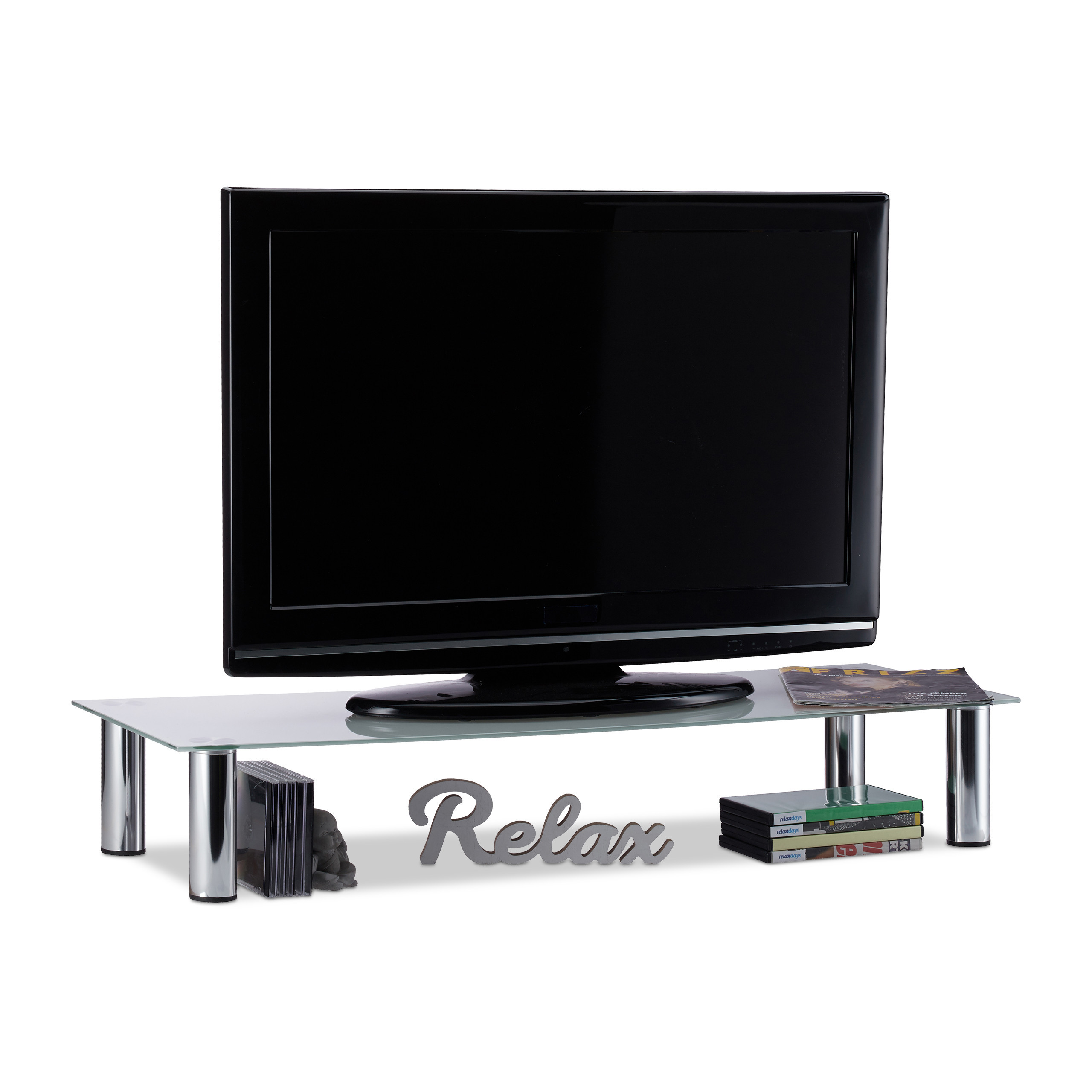 TEMU Mobile TV in vetro, gambe in metallo cromato, forma rettangolare, 100 x 35 x 17 cm, vetro 0.8 cm, e , portata massima 10 kg, per soggiorno e