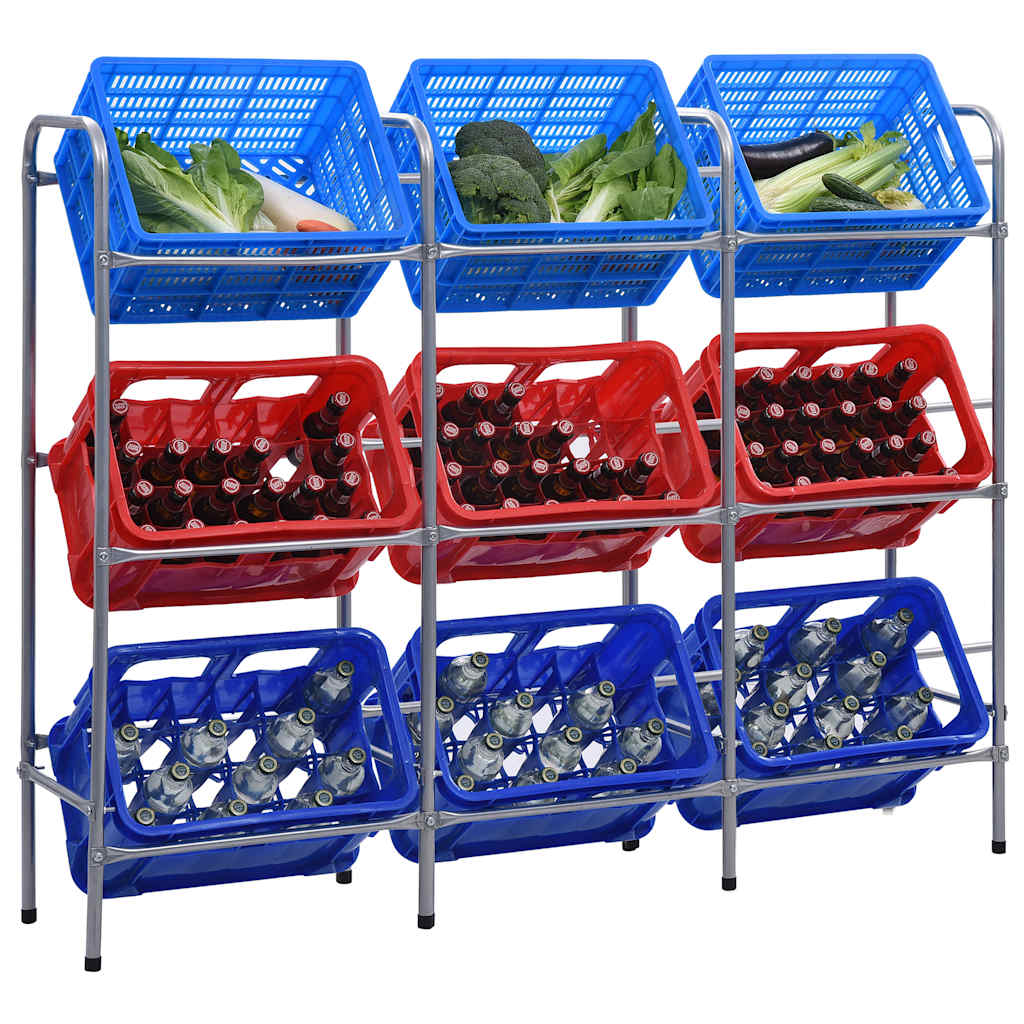 Box Shelf With 9 Crates, Beverage Rack, Drink Crate Shelf, Bottle Crate Shelf, Beverage Stand, Crate Shelf, Silver, 145x33x116cm, Steel
