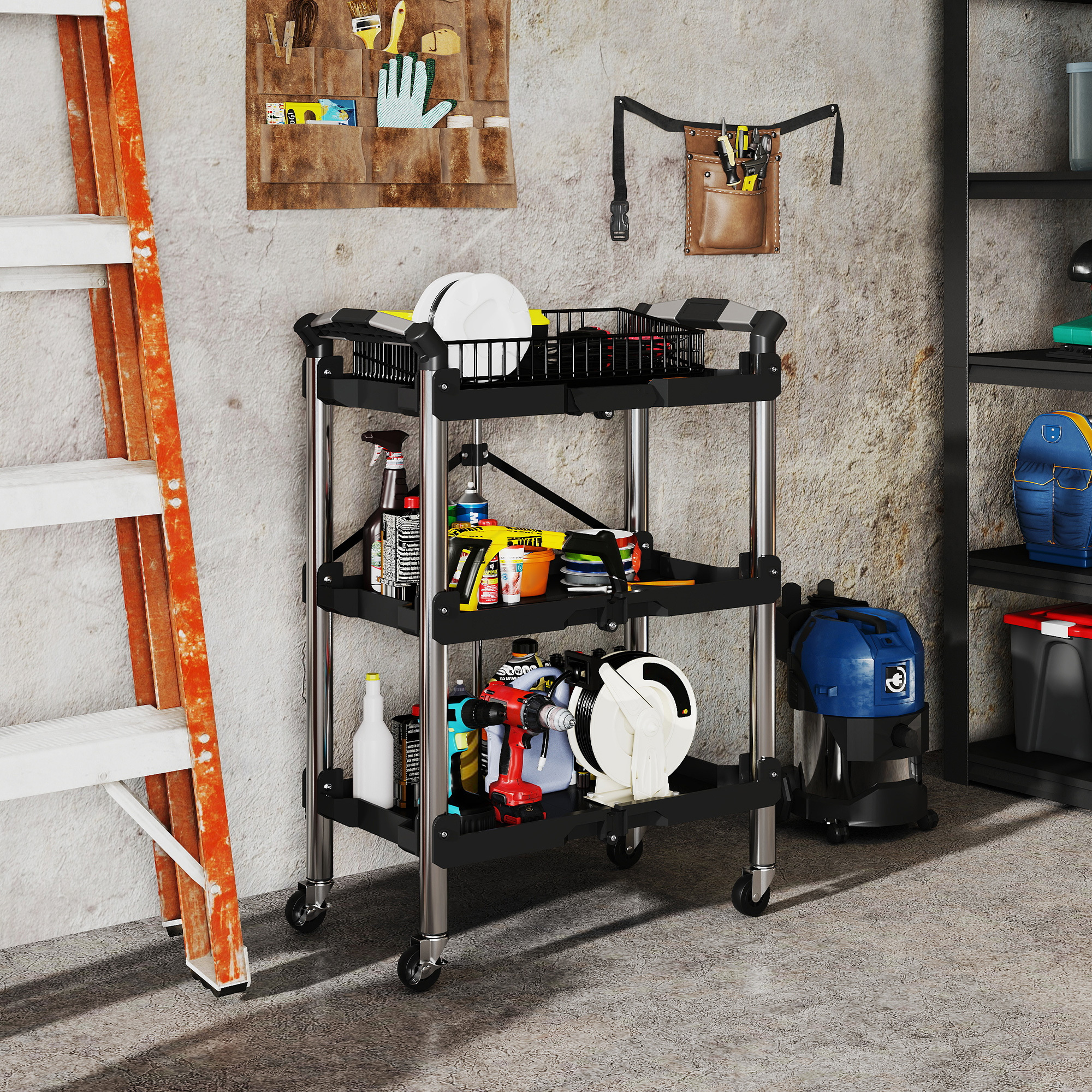 Workshop Trolley With 3 Shelves, Foldable Tool Cart With Handle, Assembly Cart For Warehouse, Garage, Load Capacity Up To 68 Kg, Black