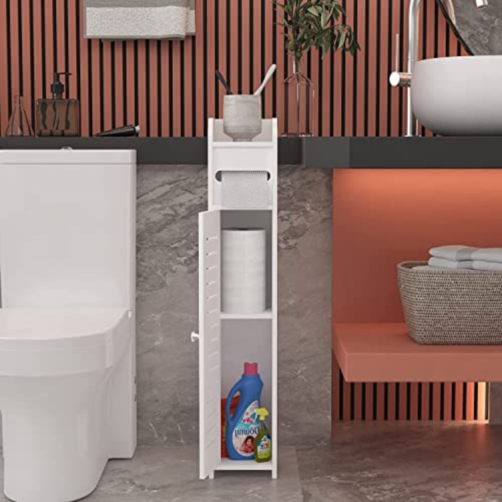 E-shop Badezimmer Bodenschrank, Schmaler Weißer Aufbewahrungsschrank mit Tür, Schmale Freistehende Schränke mit Verstellbaren Regalen für Badezimmer,