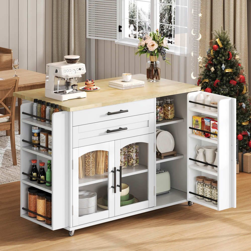 Image of Mobile Kitchen Island With Foldable Work Surface, Kitchen Cart, , Multiple Storage Solutions, Spice Rack, Utensil Drawer, 120 X 45 (70) X 90 Cm