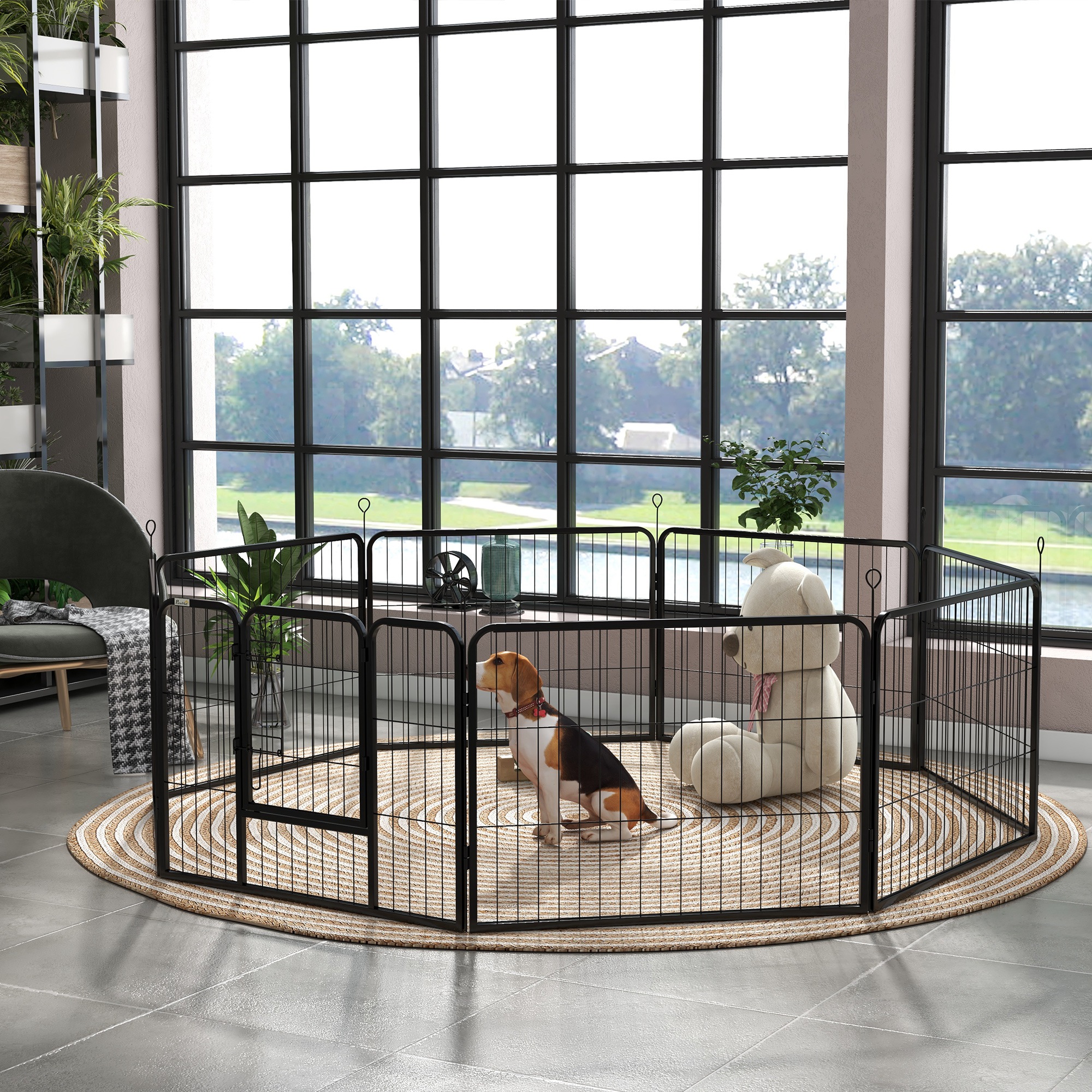 Image of 8-piece Puppy Playpen With 8 Grid Panels, Door, Ground Stakes, Flexible Protective Cover, 60cm High, Indoor/outdoor Pet Playpen For Dogs, Cats, And Puppies