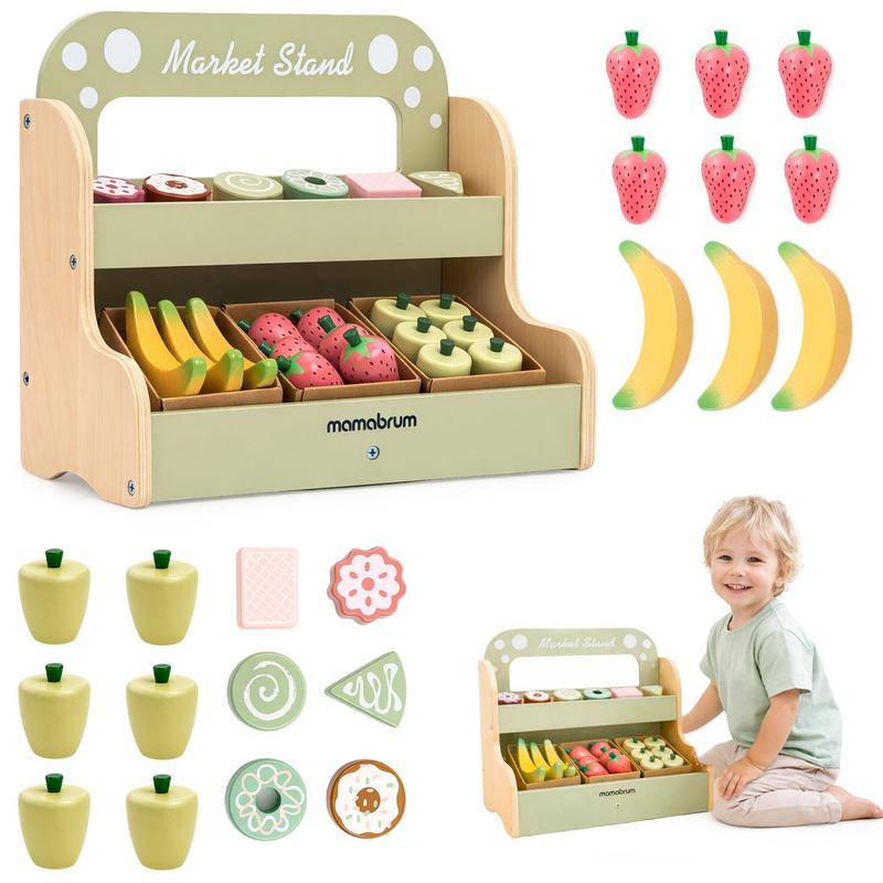TEMU Mamabrum en bois pour enfants, une boutique à niveaux avec des fruits et des desserts, avec une poignée pour le transport, 24 , bois de Schima,