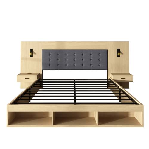 juego de cama con plataforma y de mdf en acabado nogal y , focos giratorios 360°, almacenamiento , mesitas de noche, compartimentos de almacenamiento abiertos, construcción , sin , capacidad de carga de 300 kg, 180 cm, envío en 3 paquetes, para dormitorio, , diseño de interiores
