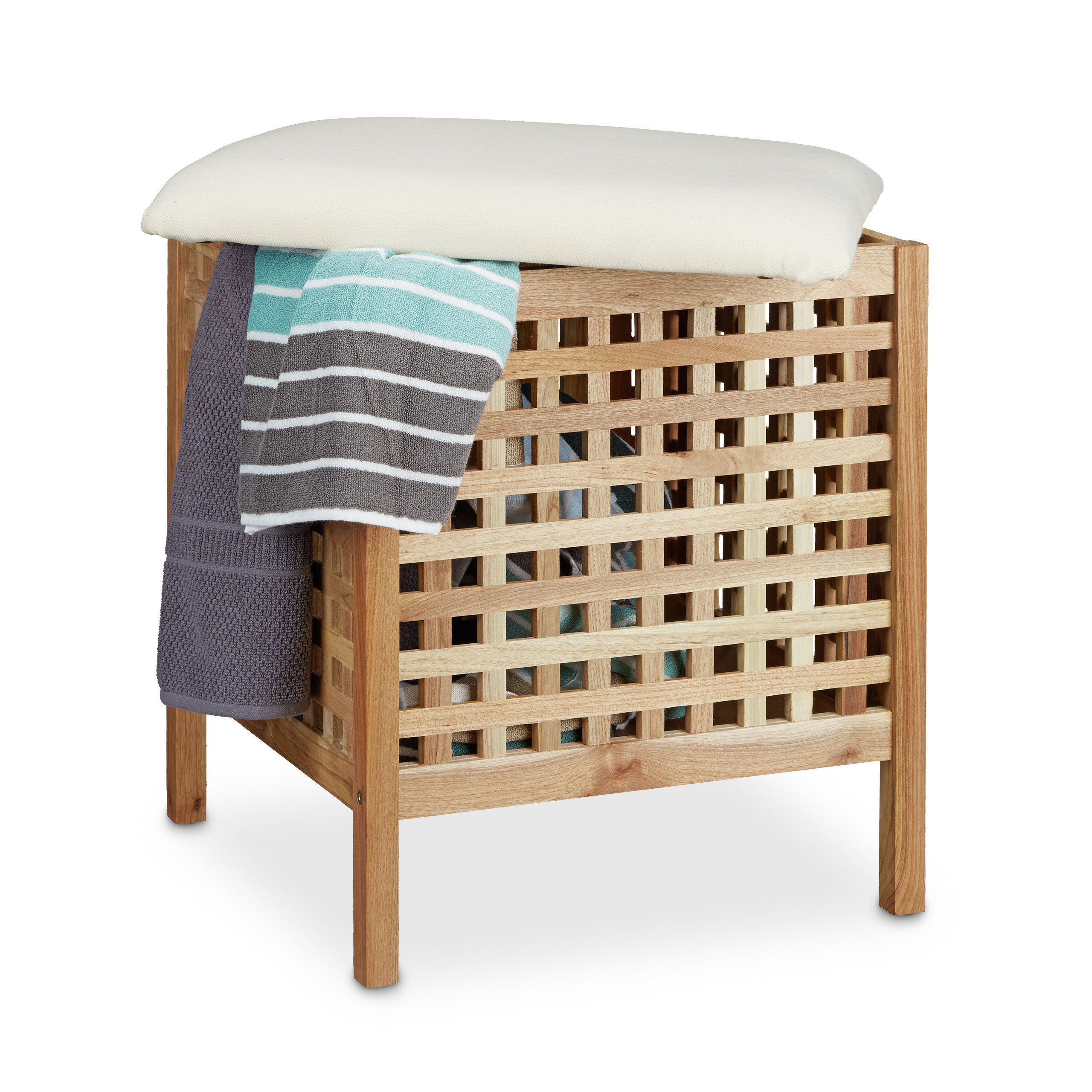 TEMU Tabouret avec panier à linge, 49 x 49 x 52 cm, bois de , coussin d’assise en lin, rangement de 52 l, fond en MDF, motif quadrillé, pour salle de