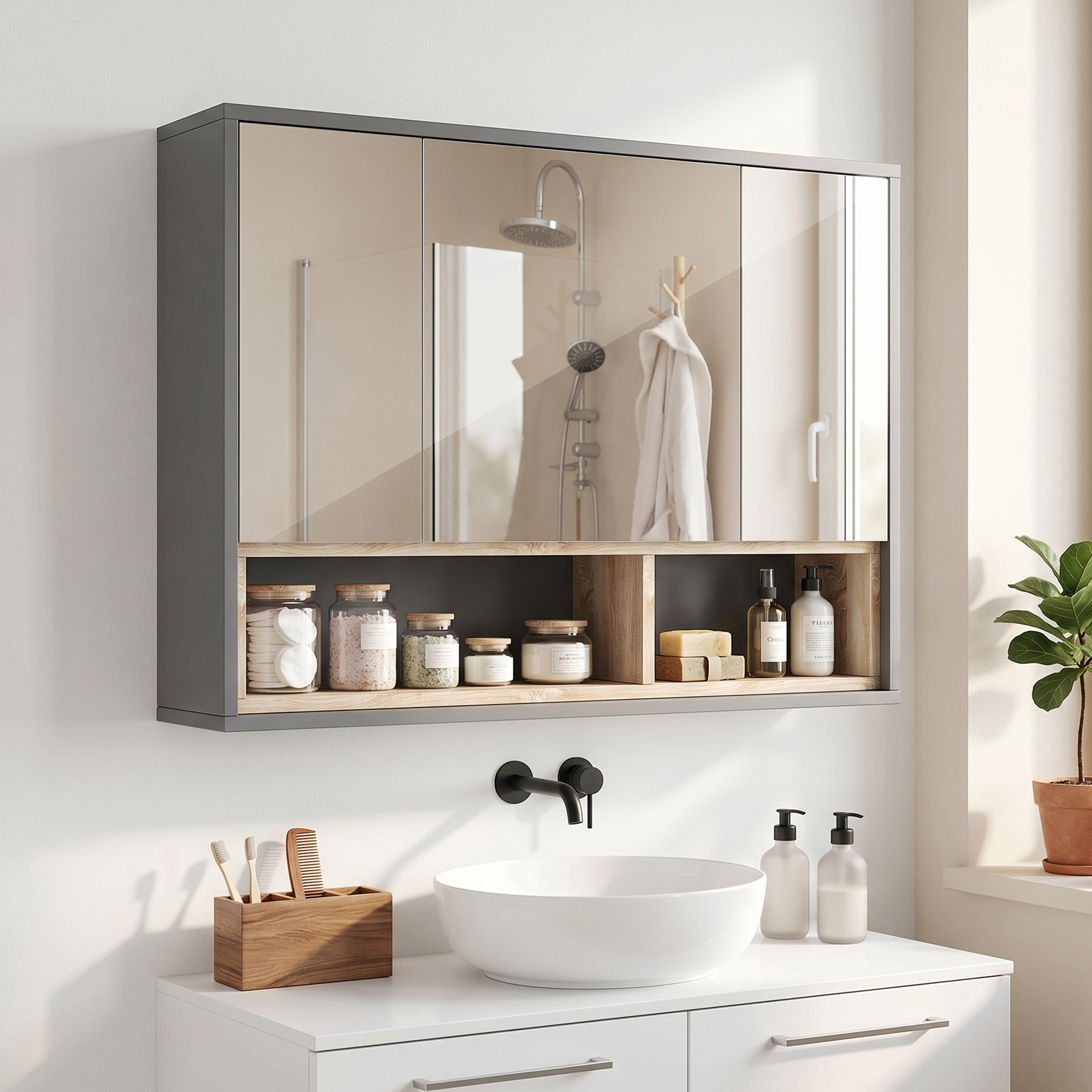 Image of Bathroom Mirror Cabinet With Handle-free Mirror Doors, 80x20x60 Cm, Modern , Supports Beauty Routine Indoors
