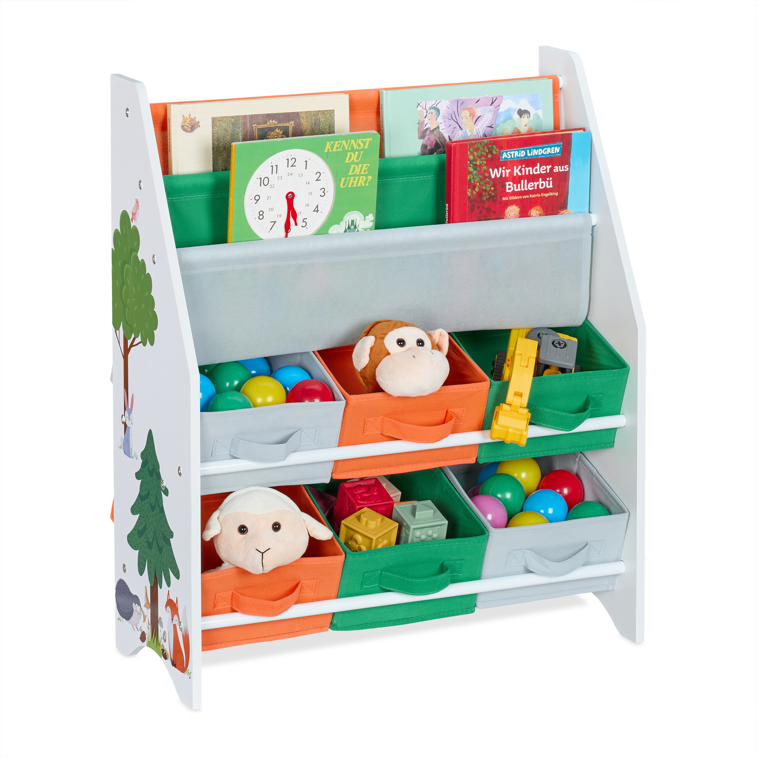 TEMU Scaffale bambini 6 contenitori, 2 scomparti sospesi, 74 x 62.5 x 31 cm, pannello truciolare, tessuto non tessuto e ferro, , motivo animali , per