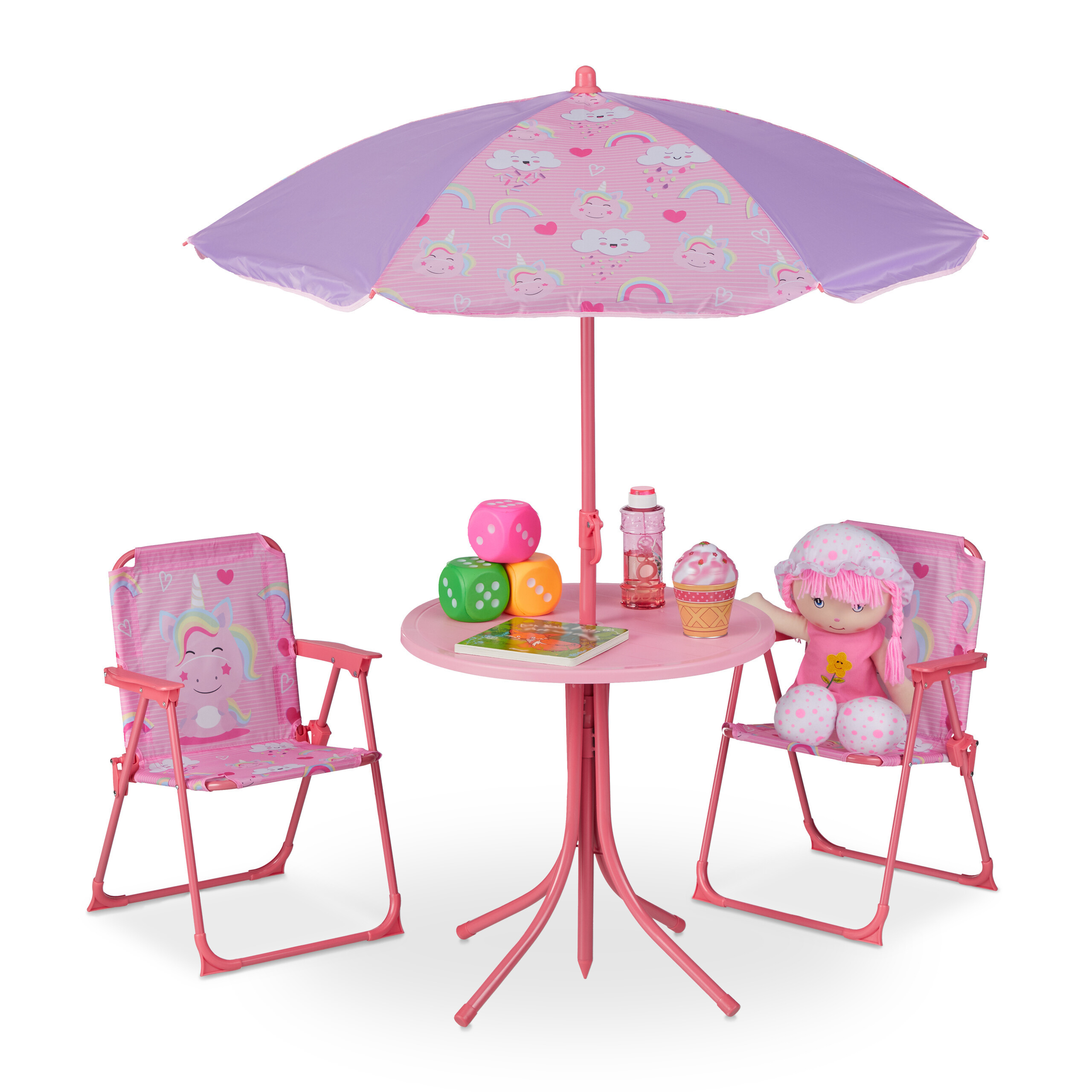 TEMU Ensemble de sièges enfants licorne, lot de 2, avec parasol, 2 chaises pliantes et table, fer, polyester et plastique, chaises 53 x 36 x cm ,