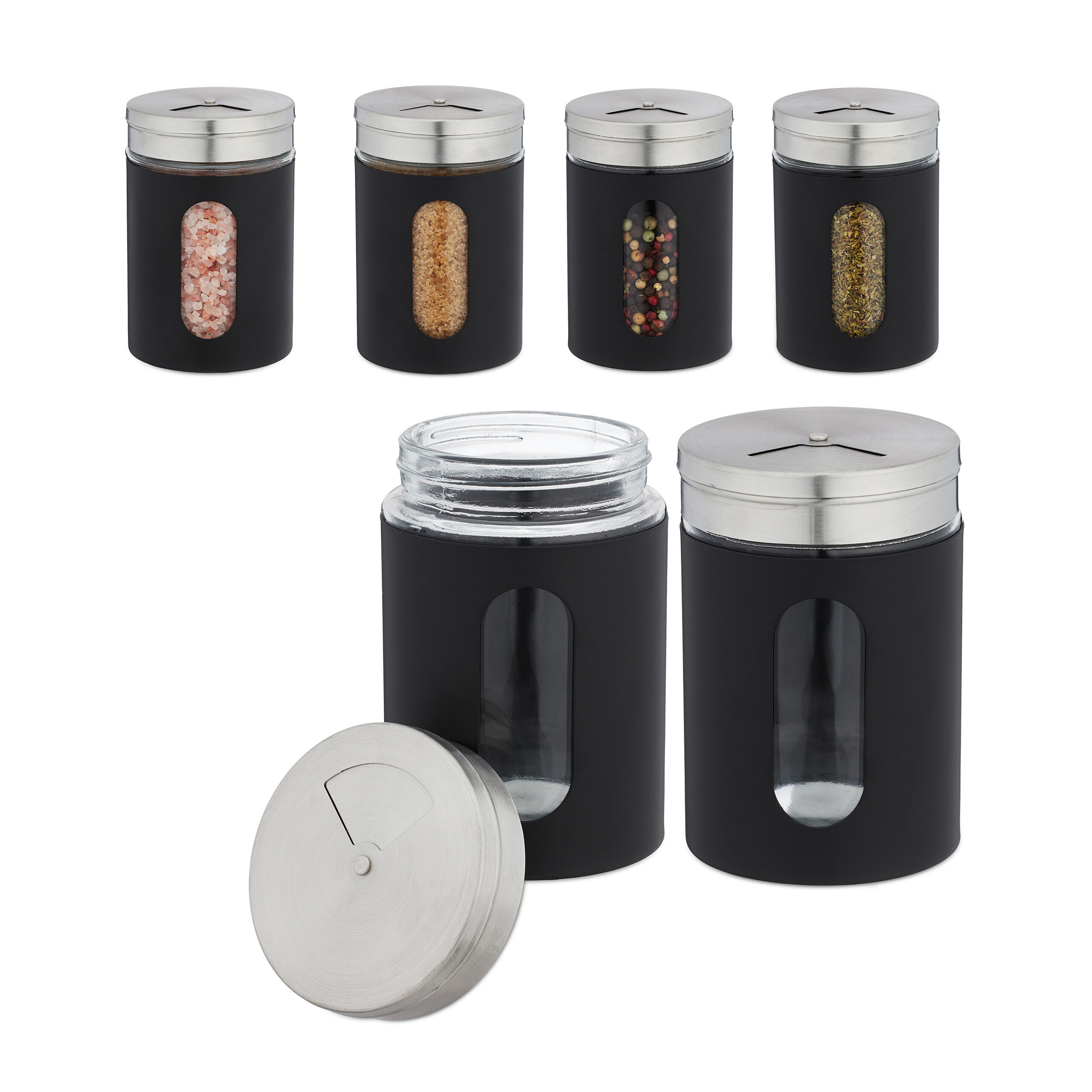 TEMU Spice Dispenser Xl, 6pcs Set, 3 Sprinkling , 11 X 7 Cm, Each 290 Ml, Glass With Stainless Steel Lid, Black, For Kitchen, Cooking And Seasoning,