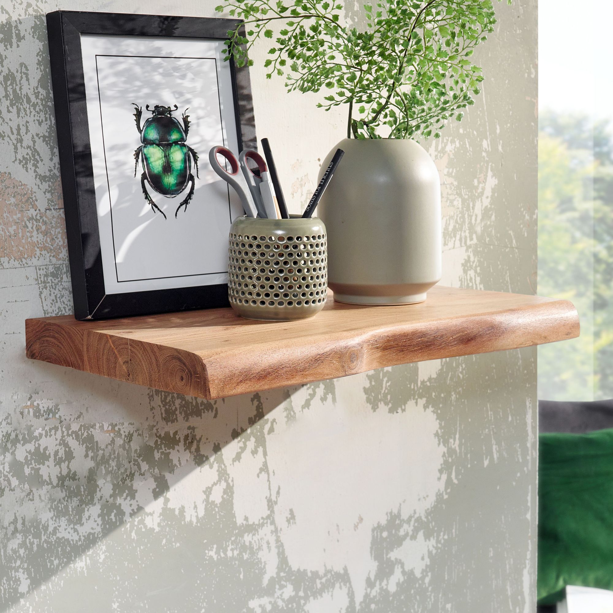 Wall Shelf With Acacia Solid Wood Edge, Floating Wall Board Design, Wooden Shelf Natural, Country House Style Hanging Shelf