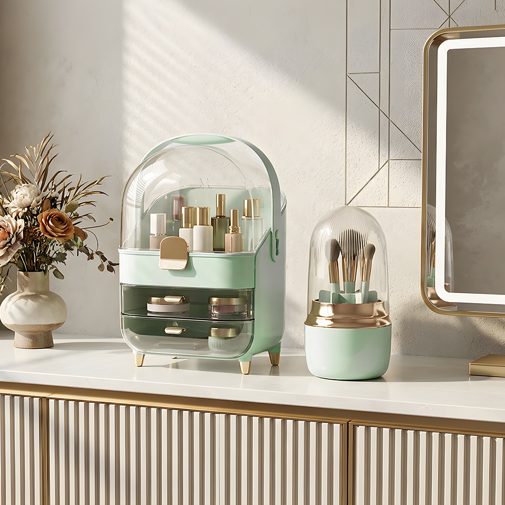 Cosmetic Storage Box with Rotating Brush Holder