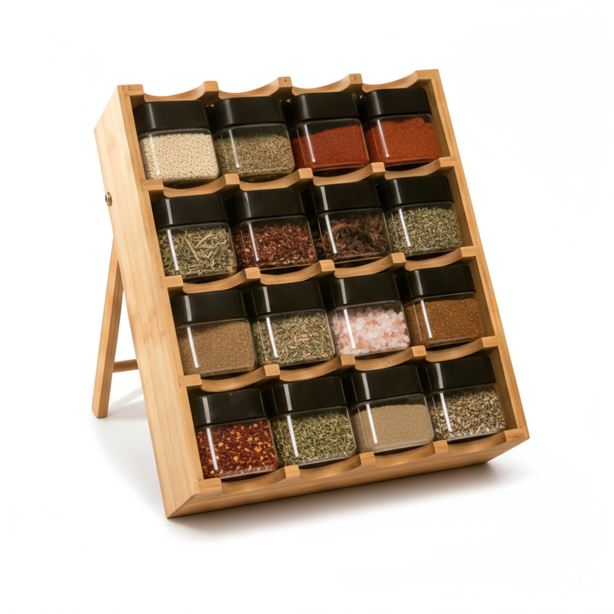 Image of Spice Rack, 16 Glasses, , Adjustable Tilt Angle, Bamboo, 35 X 30 X 9 Cm, Natural, Transparent And Black, For Kitchen, Countertop, Shelf, Spice Stand, Spice Holder, Spice Ladder, Relaxdays