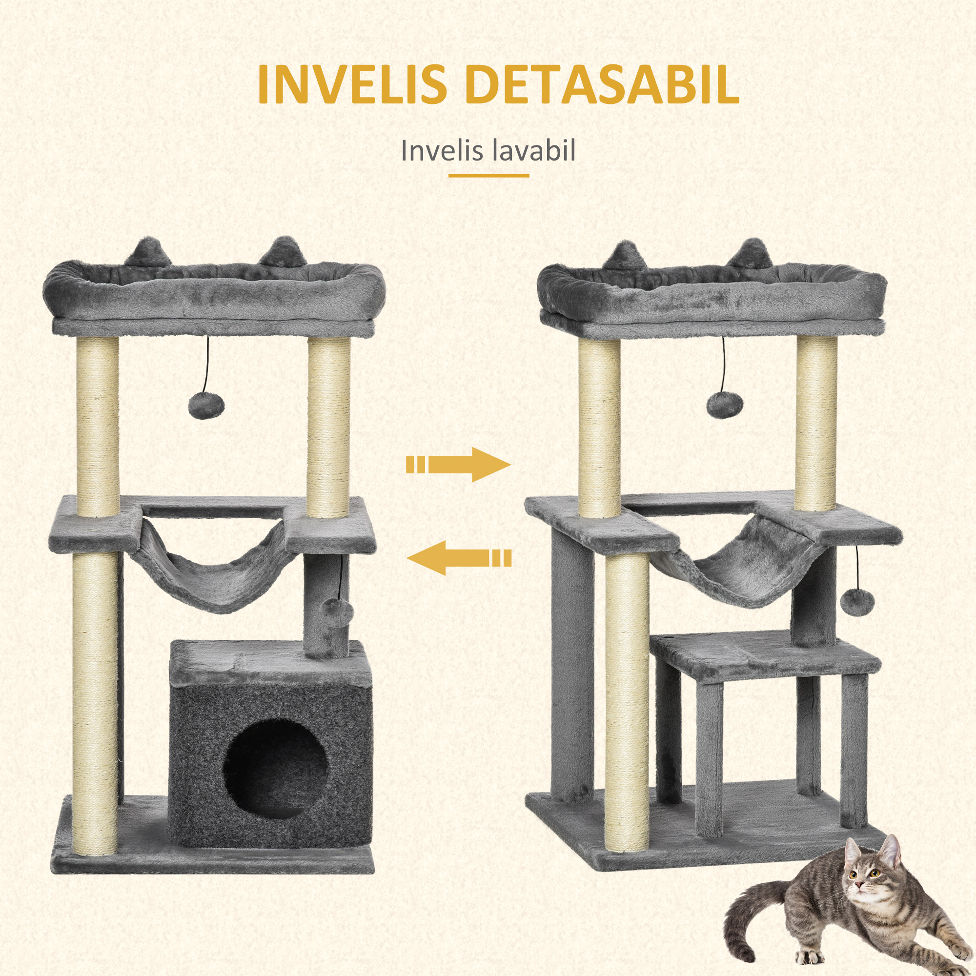 PawHut centru activitati pentru pisici, 48x48x100 cm, gri