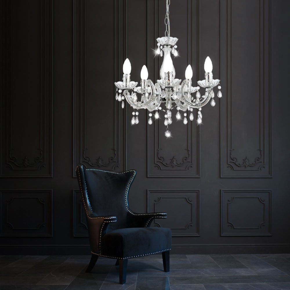 Image of Crystal Chandelier Pendant Light, Chrome Dining Table Lamp, 5x E14, Dxh 44x128 Cm