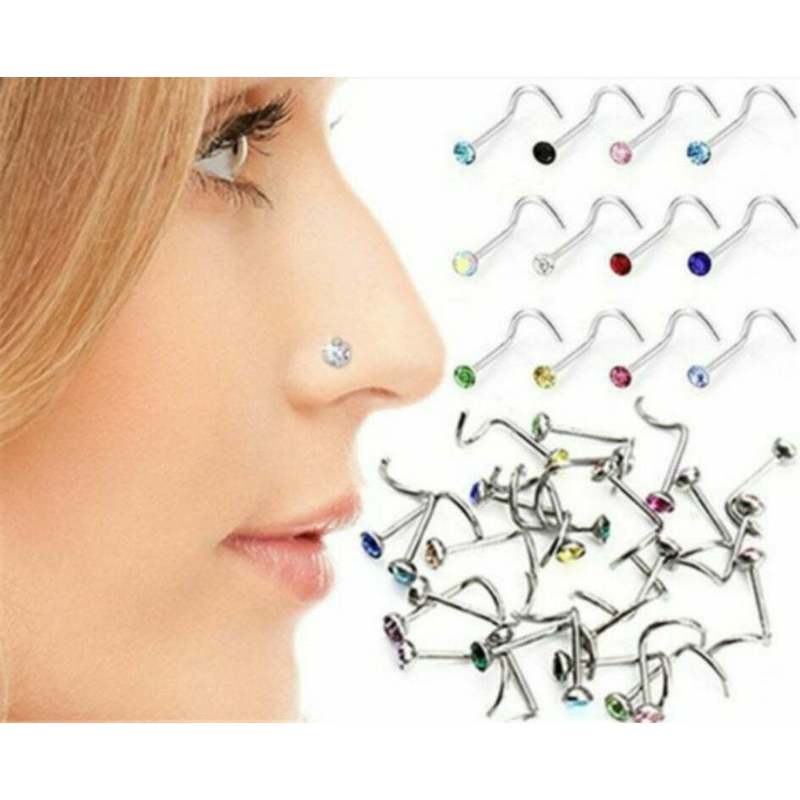 Image of Nose Piercing 12pcs Set Jewelry Stud Bent Zirconia Stone 12 Colors Vipfashion797