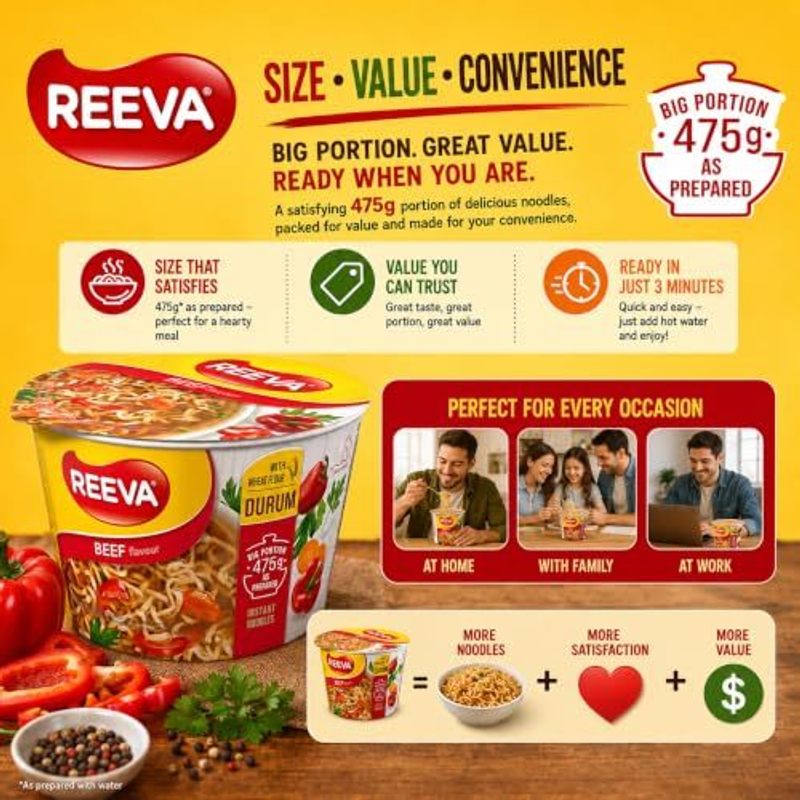 REEVA Instant Noodle Cups, 75g Each (Pack of 12)