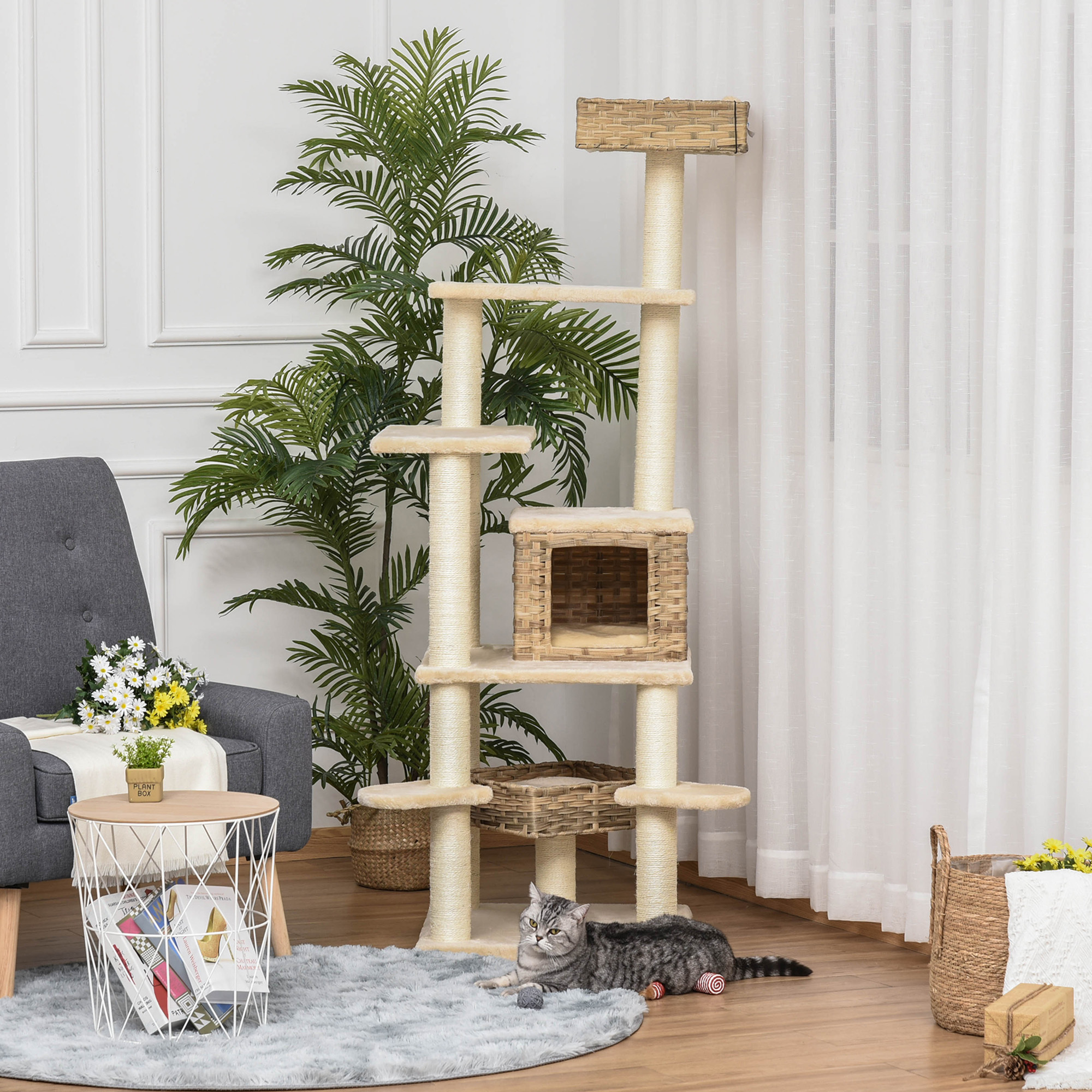 Rattan Scratching Tree With Cat Cave Multi-level Cat Tree Climbing Tree For Cats E1 Mdf Sisal Beige+brown 55 X 55 X 174 Cm