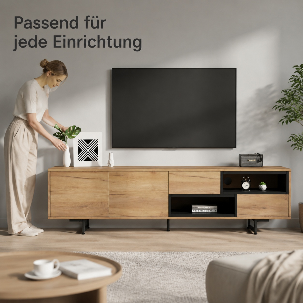 Image of 173 X 38 X 48 Cm Cabinet 173cm Wood Optic With Storage Space And Metal Feet For Tvs Up To 75 Inches