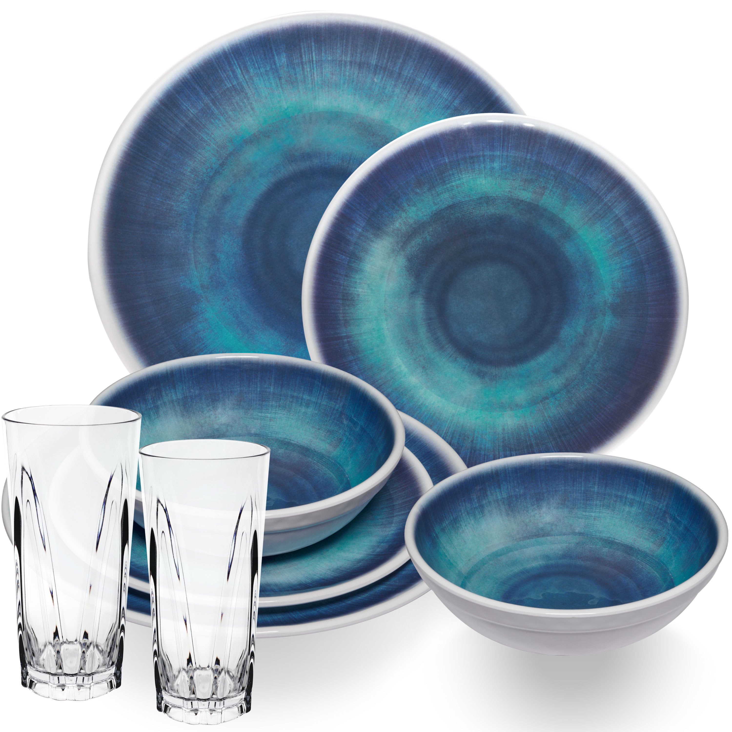 Melamine Dinnerware Set Blue For 2 People - 8 Pieces - With Clear 450ml Acrylic Stone-look Drinking Glass, Dishwasher Safe, Camping Accessories, Camping Tableware, Rv Camping Festival