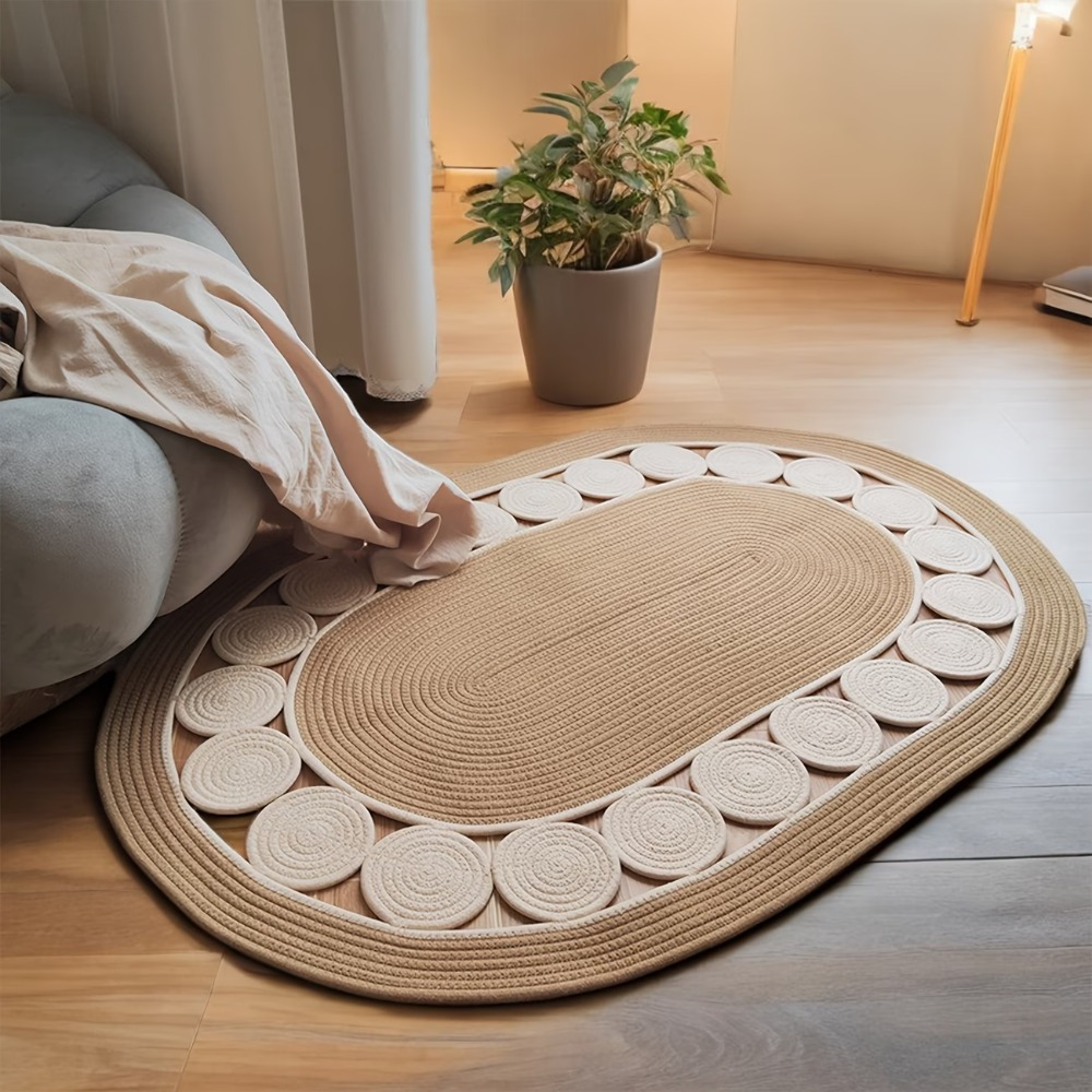 TEMU 1pc Bohemian Vintage Handmade Linen Dot Oval Rug, Non-slip Soft Washable Foldable Floor Mat For Living Room, Bedroom, Bathroom, Porch, Outdoor
