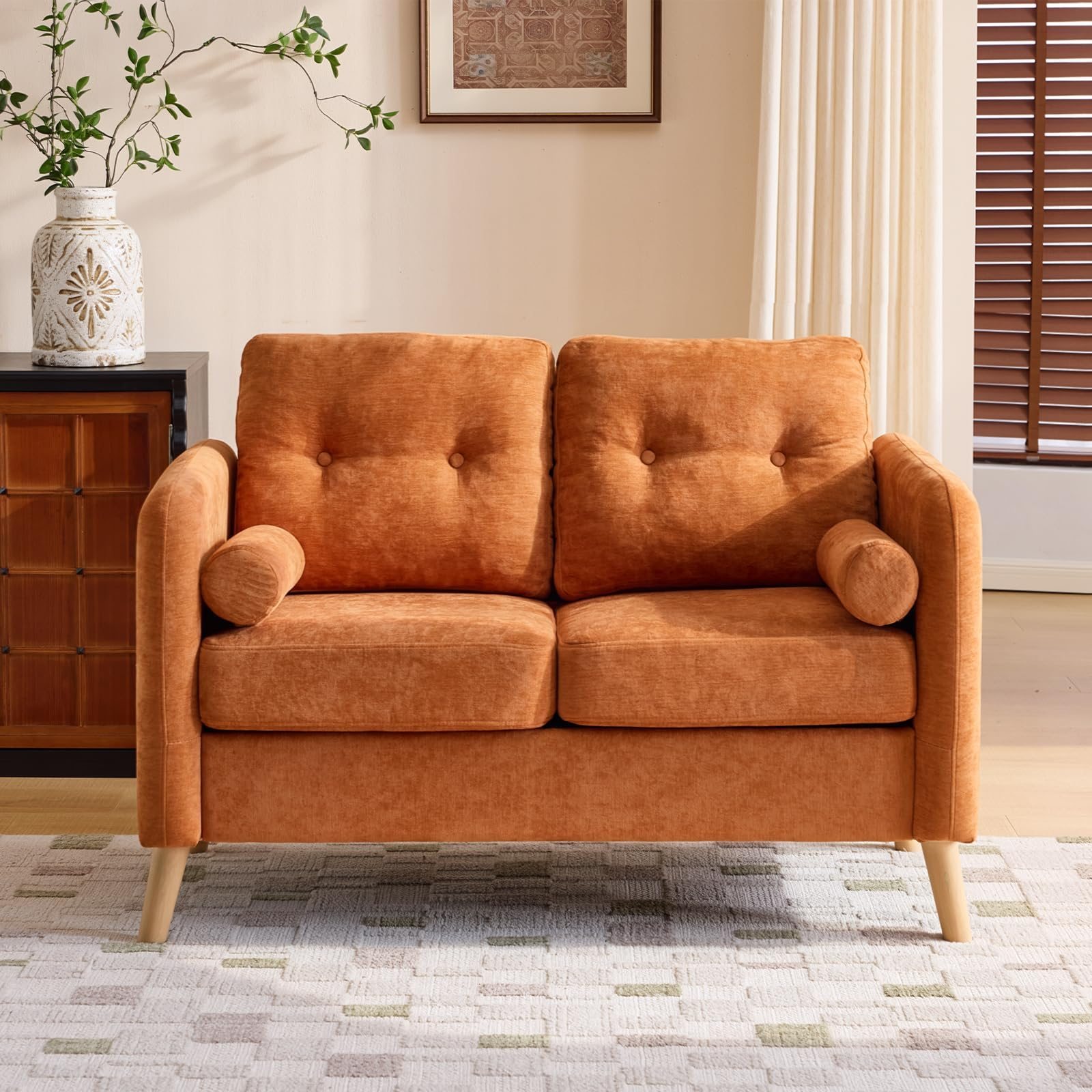 Image of Small 2-seater Orange Sofa, 120cm Couch Made Of Chenille Fabric With Buttons