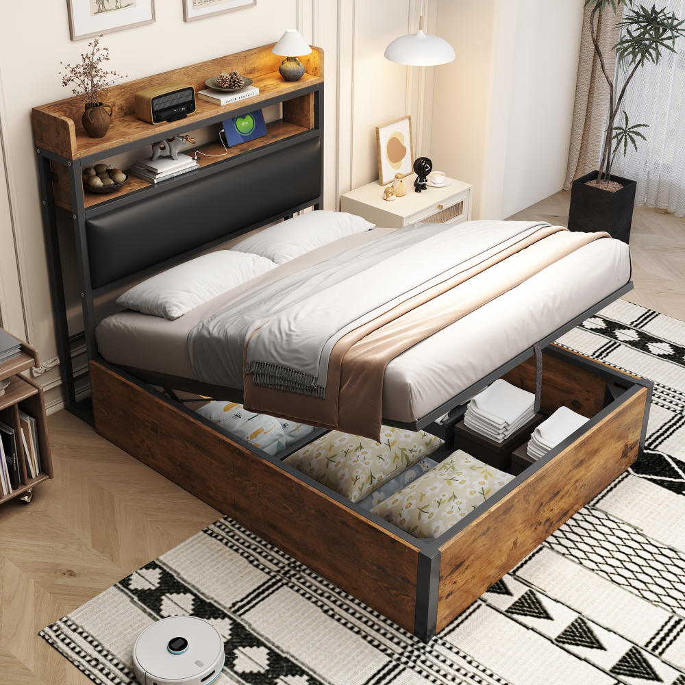 Image of 90 X 200, Multifunctional Wood And Metal Bed With Headboard, Storage Space, And Hydraulics, Sturdy Construction, No Squeaking, Ideal For Bedrooms