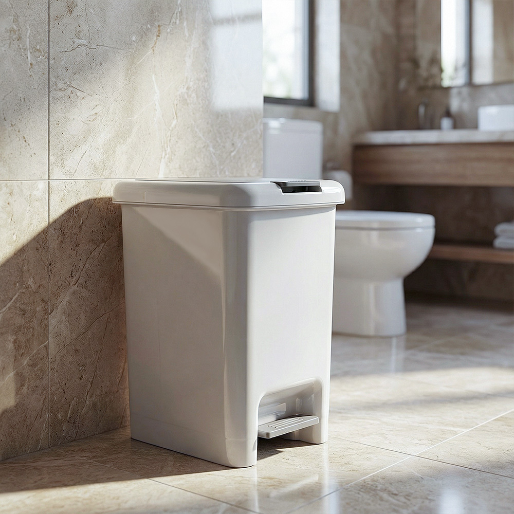 TEMU 1pc Modern Grey 8l Square Trash Can With Lid, Foot Pedal & Press-to-open Mechanism, Space-saving 27x19.5x30.5cm Plastic Trash Bin For Kitchen